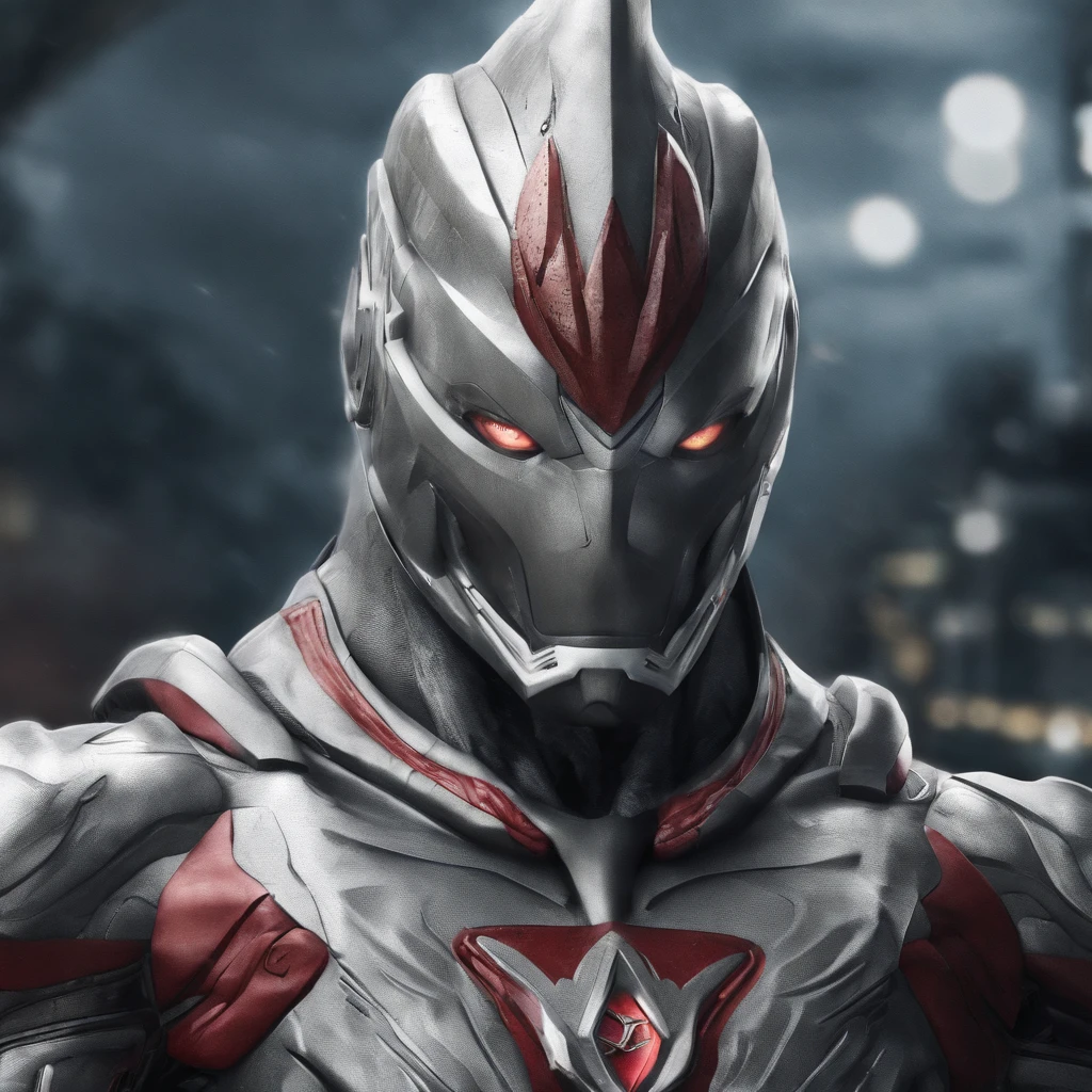 Portrait of Ultraman ， （Best quality， tmasterpiece）， 1人， looking at viewert， face guard ，cobweb， Story background， upper part of body， Contemporary，Ultraman Tiga clothing。[dot paper effect]