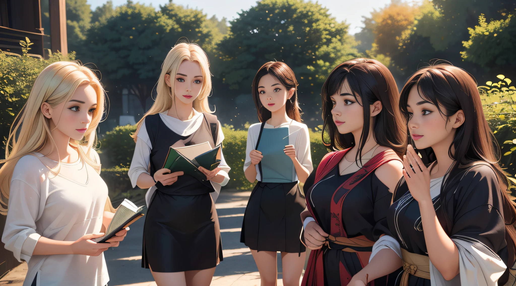 sfw, (Extremely detailed 8k wallpaper:2), (photo:2), (soigne Beautiful girl:2), (gives a lecture to friends:2), detailed (Face and eyes), (hyper realistic:1), (highly detailed:1), (epic realistic:1), rim light, (maximum details:1), cozy, (fullbody:1.3), (looking at viewer:2), (Woman's Attractive Qualities:2), (Attractive Woman:2), (Attractive:2), Smile, Intelligence, Empathy, Gracefulness, Sense of Style, Fitness, Grooming, Optimism, (Sensitivity:2), Sincerity, Romantic Gestures, Playfulness, Fashion Sense, (Sensuality:2), Charm, Modesty, Thoughtfulness, (Femininity:1), Flirtatiousness, Warmth, (Physical attractiveness:2), A beautiful smile, A love of life, strength and power, vulnerability, curiosity, wonder, love, (nature background:2), kawaii, waifu, Beautiful breasts, (attractive body:2), (Beautiful body:2), Beautiful pose, attractive pose, (Beautiful legs:1.0), (spread legs:1.0), (Beautiful clothes:1), (classic clothes:2), (elegant clothes:2), (European clothes:2), detailed clothes, (skirt:1), (blouse:1), (provocative pose)
