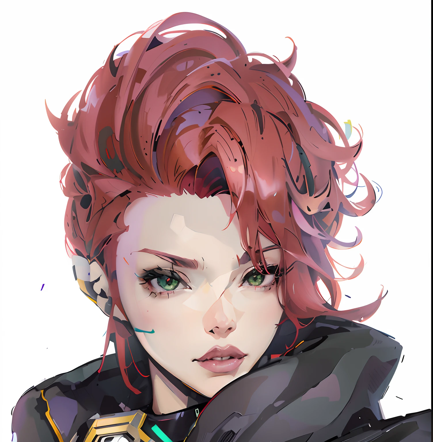 Anime - stylized image of woman with red hair and green eyes, 《overwatch》Moira, Produced by Anime Painter Studio, drawn in anime painter studio, anime style portrait, concept headshot art, 《overwatch》Brigitte, anime character portrait, Art style WLOP, Redhead female cyberpunk,