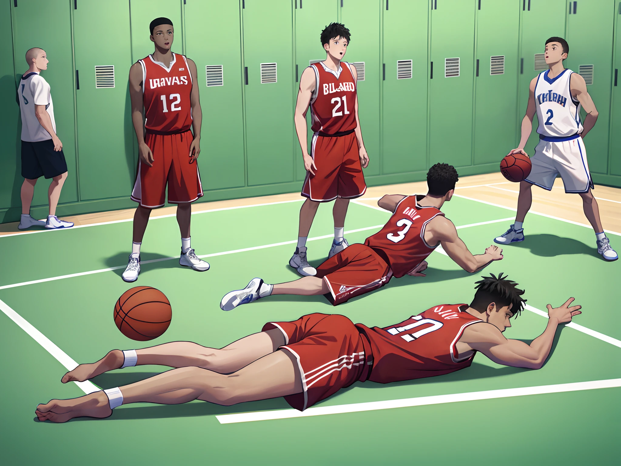 A group of men, lying on the floor in the locker room, In basketball uniform, Scence of Slam Dunk, ultrasharp, absurdres, high res, 8K, masterpiece