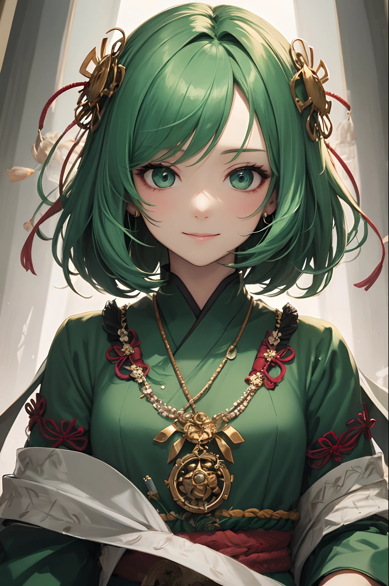 masterpiece、top-quality、超A high resolution、2D Beautiful Girl、animesque、girl with、Lori、green colored hair、short-haired、phoenix-like figure、Beautiful green eyes、The clothes are also depicted in detail、Eyes are depicted in detail、The face is depicted in detail、Sorcerer、A shrine maiden who exorcises darkness、Soio、Gentle smile、hair adornments、animesque、illustratio