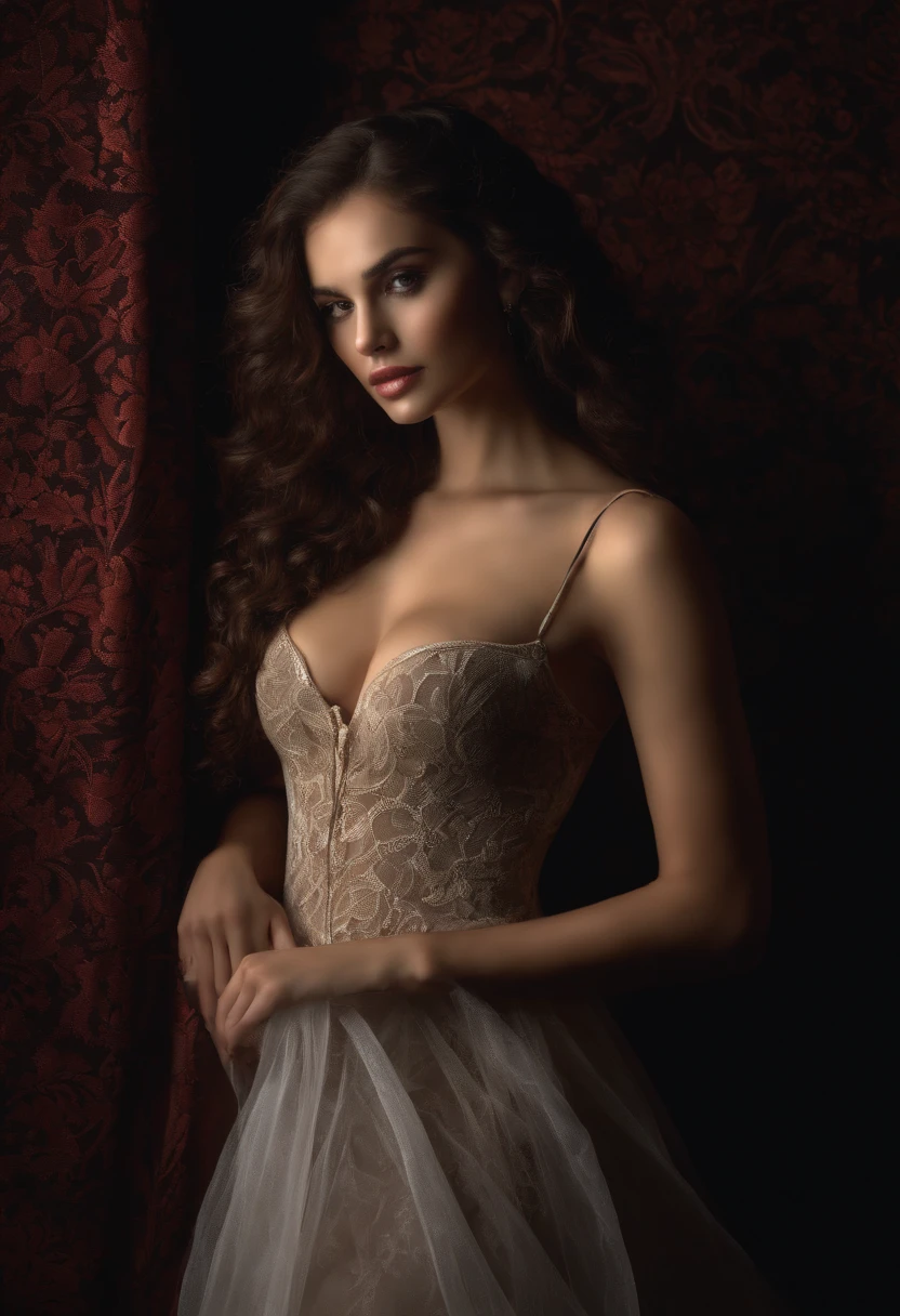 Girl, Latina, but with long curly hair, exotic beauty, charismatic, exquisite beauty, slender figure, C-cup breasts, naked in a transparent dress, dressed in Gothic style, on a dark background with patterned wallpaper in Victorian style, Gothic, exquisite erotica, masterpiece, artistic photography, artistic photography, artistic painting, 8k, cinematic quality
