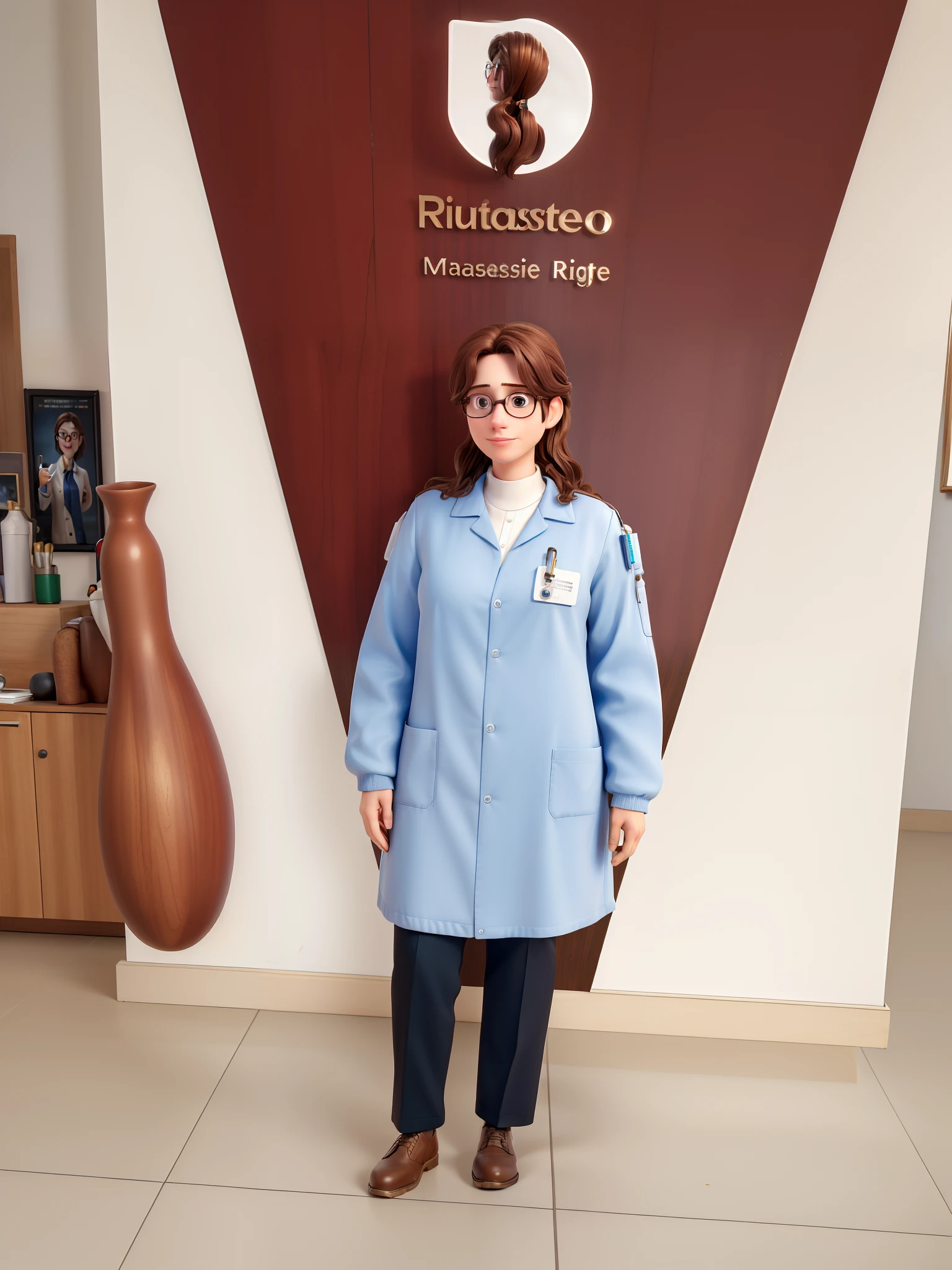 (highres,masterpiece:1.2),realistic,professional,portrait,white female biomedical scientist,30-year-old,brown shoulder-length hair,round glasses