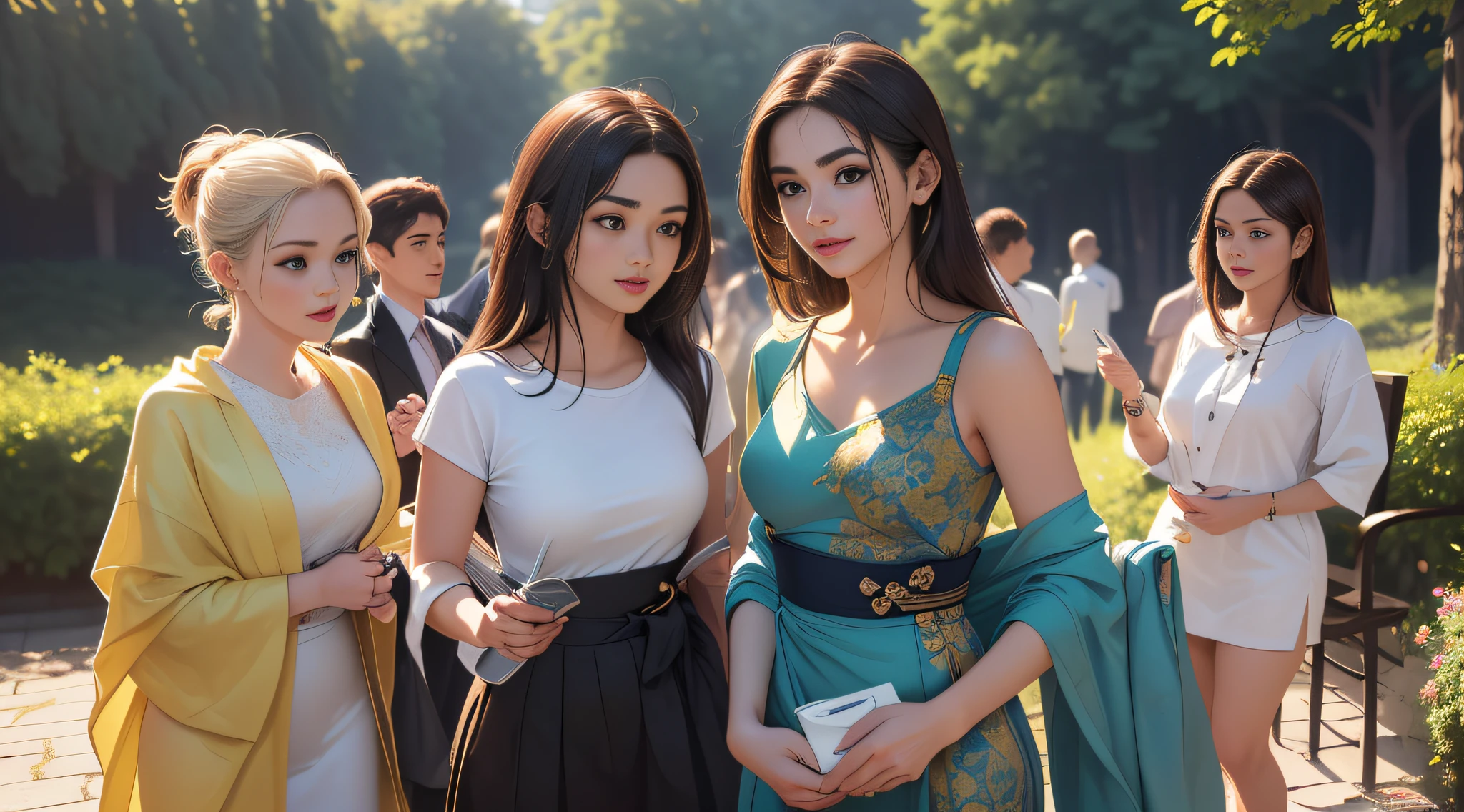 sfw, (Extremely detailed 8k wallpaper:2), (photo:2), (soigne Beautiful girl:2), (gives a lecture to friends:2), detailed (Face and eyes), (hyper realistic:1), (highly detailed:1), (epic realistic:1), rim light, (maximum details:1), cozy, (fullbody:1.3), (looking at viewer:2), (Woman's Attractive Qualities:2), (Attractive Woman:2), (Attractive:2), Smile, Intelligence, Empathy, Gracefulness, Sense of Style, Fitness, Grooming, Optimism, (Sensitivity:2), Sincerity, Romantic Gestures, Playfulness, Fashion Sense, (Sensuality:2), Charm, Modesty, Thoughtfulness, (Femininity:1), Flirtatiousness, Warmth, (Physical attractiveness:2), A beautiful smile, A love of life, strength and power, vulnerability, curiosity, wonder, love, (nature background:2), kawaii, waifu, Beautiful breasts, (attractive body:2), (Beautiful body:2), Beautiful pose, attractive pose, (Beautiful legs:1.0), (spread legs:1.0), (Beautiful clothes:1), (classic clothes:2), (elegant clothes:2), (European clothes:2), detailed clothes, (skirt:1), (blouse:1), (provocative pose)