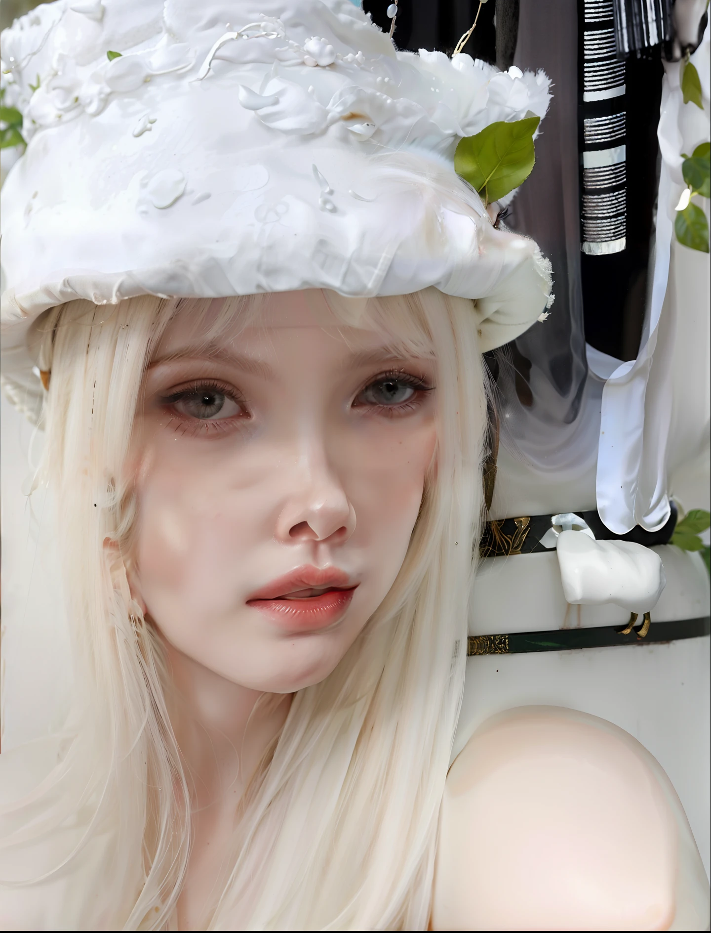Blonde girl with white hat and green leaf on head, pale milky white porcelain skin, pale porcelain white skin, Lalisa Manobal, ultrarrealista doce coelhinho menina, Ulzzang, porcelana pele branca, skydoll noa |, com cabelos longos brancos, pale white face, pale round face, menina com cabelo branco, porcelana rosto branco, com longos cabelos brancos
