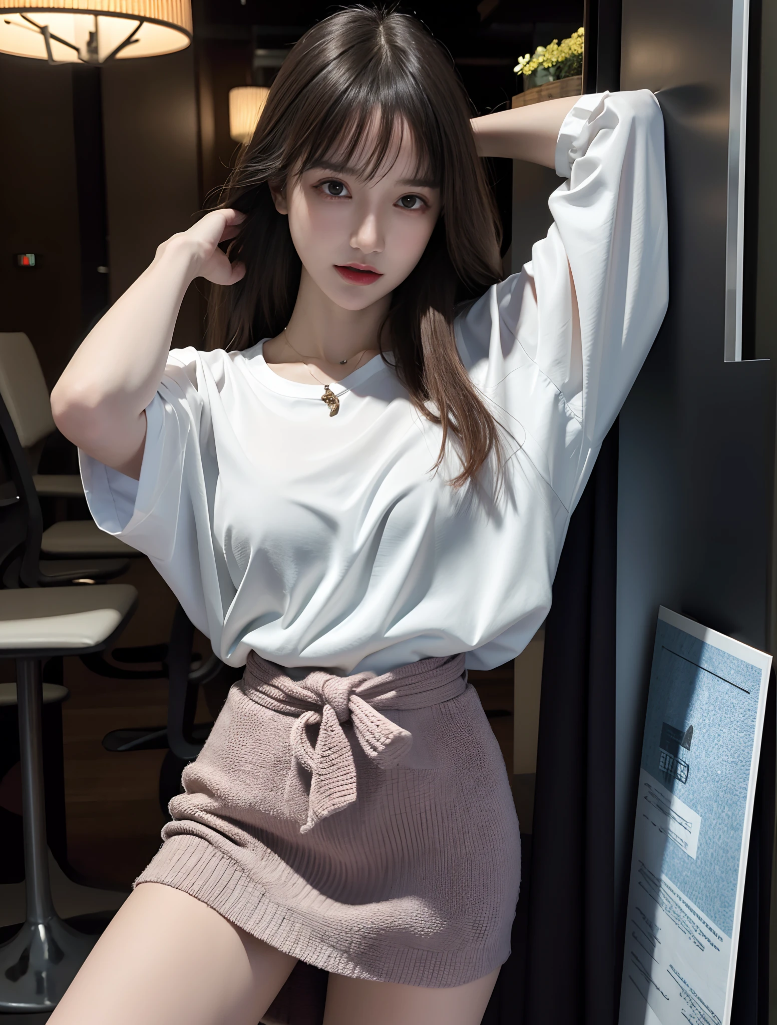 女の子1人、15years old pretty girl、A dark-haired(Cute Hair Styling)、Stylish black clothes、a black skirt、Cute socks、petite and very slender figure,,,,,,,,,、Too skinny、sockes(Ankle length、Cute design)、Fashionable manicure、Stylish earrings、Pink lip、a picture、realisticlying、top-quality、adopt、A detailed face、细致背景、depth of fields、Full-body angle of view、Sitting on the couch、Pink underwear is slightly visible、Moderately sexual、独奏
