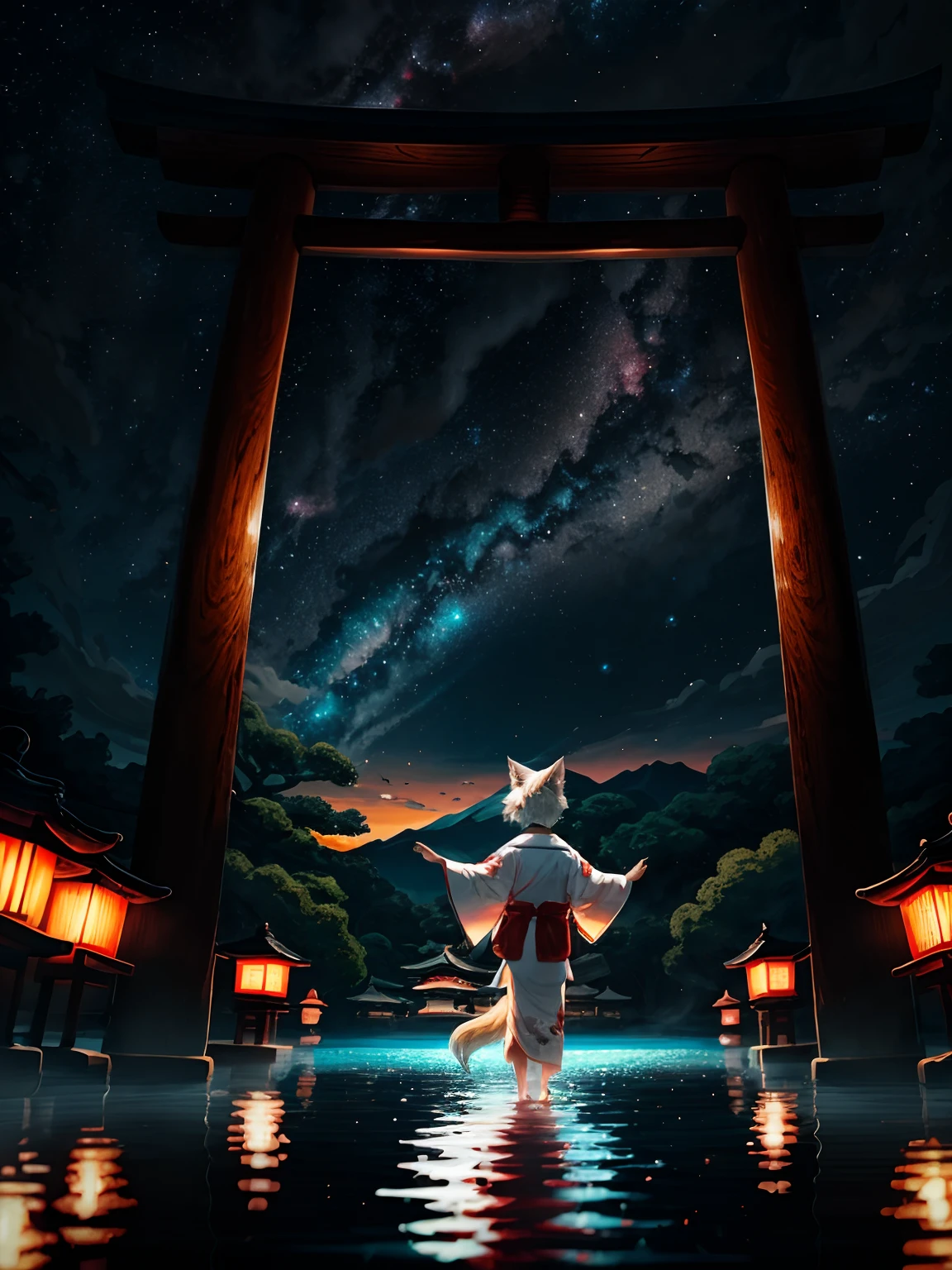 (dark environment:0.8),tmasterpiece,K HD,8K,Starry sky,Puppet Focus,detailedbackground,Soft lines,Starry sky reflection,The cherry tree,shrines,altar,Outside,sky line,Soft lighting,Foxboy,male people,Shota,White fox,First villi,Nine Tails,Stepping on water,robe,Red and white kimono,Kimono pants,bell,kitsune mask,dance,delight