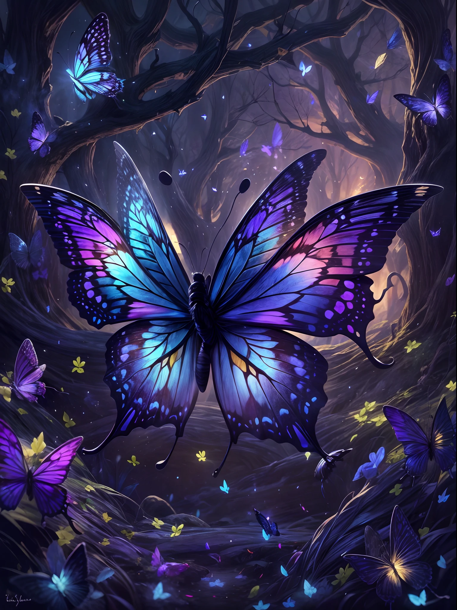 (Starlight Butterfly: 1.5), Giant butterfly, Butterfly wings, Butterflies fly, Giant starlight butterfly in the night starry sky, Surrounded by galactic starlight, Dark Souls boss Moonlight Butterfly, Dancing in this mysterious forest, The delicate wings are as crystal clear as transparent crystals，Shimmering with a soft glow。Each wing is inlaid with brilliant and colorful crystals，From blue to purple，It shines with the sheen of starlight，A faint blue glow)。The background is a fantastical forest of elves，The trees are verdant，Tiny elves fluttered among the leaves，They shimmer，Leave a trail of shining marks in the forest, Bio-luminescence，with dynamism，Colorful，colours，（with light glowing，with light glowing），（美丽的构图），电影灯光，iintricate，（Butterfly wings are symmetrical: 1.0），whimsically，Surrealism, Cubist Futurism, Ghibli-like colours, first-person view, Wide-Angle, UHD, masterpiece, ccurate, anatomically correct, textured skin, super detail, high details, award winning, 8k