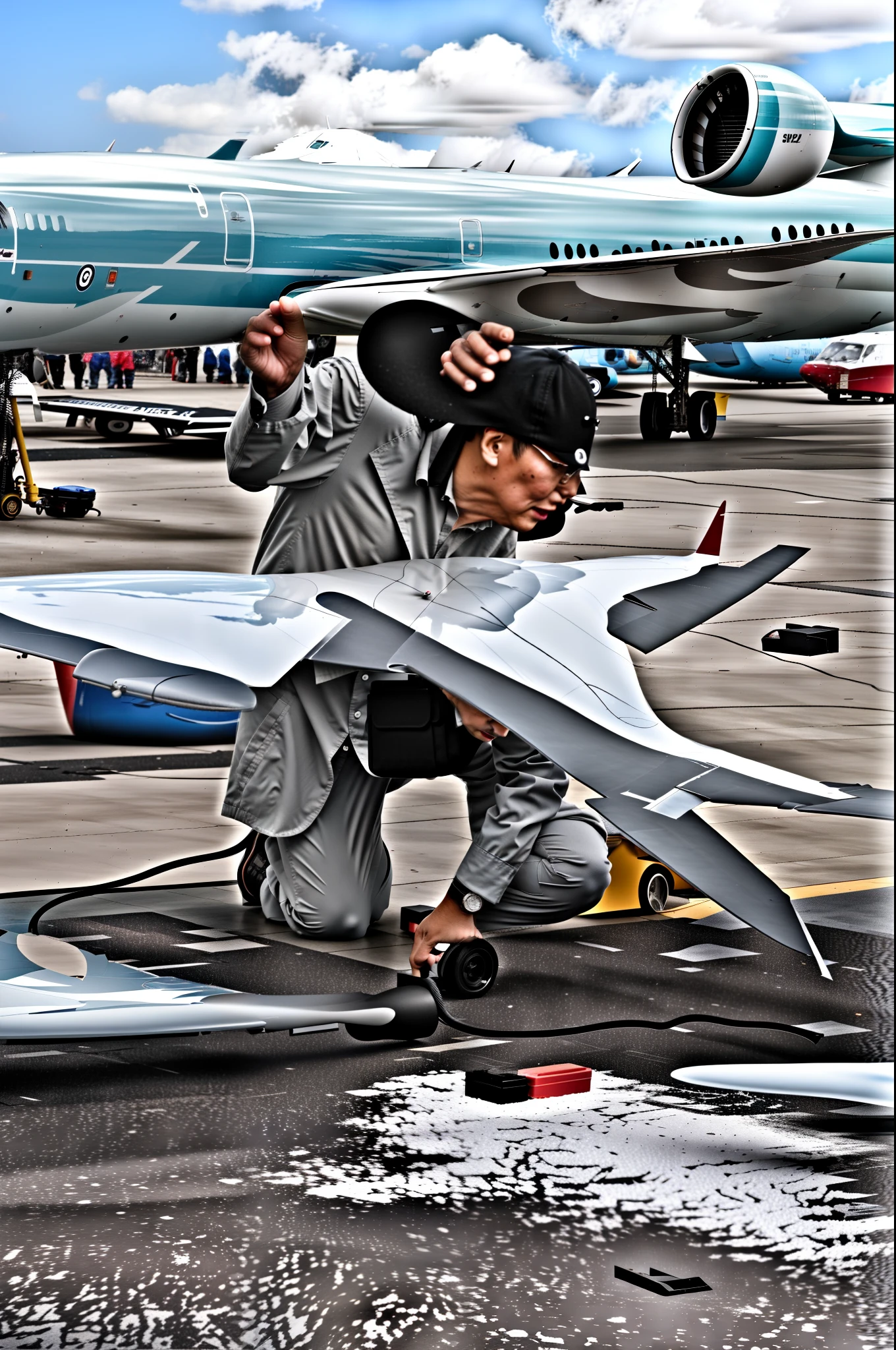 A handsome Chinese man is repairing an airplane on the apron, with a Boeing 737 model and a comic style --auto --s2