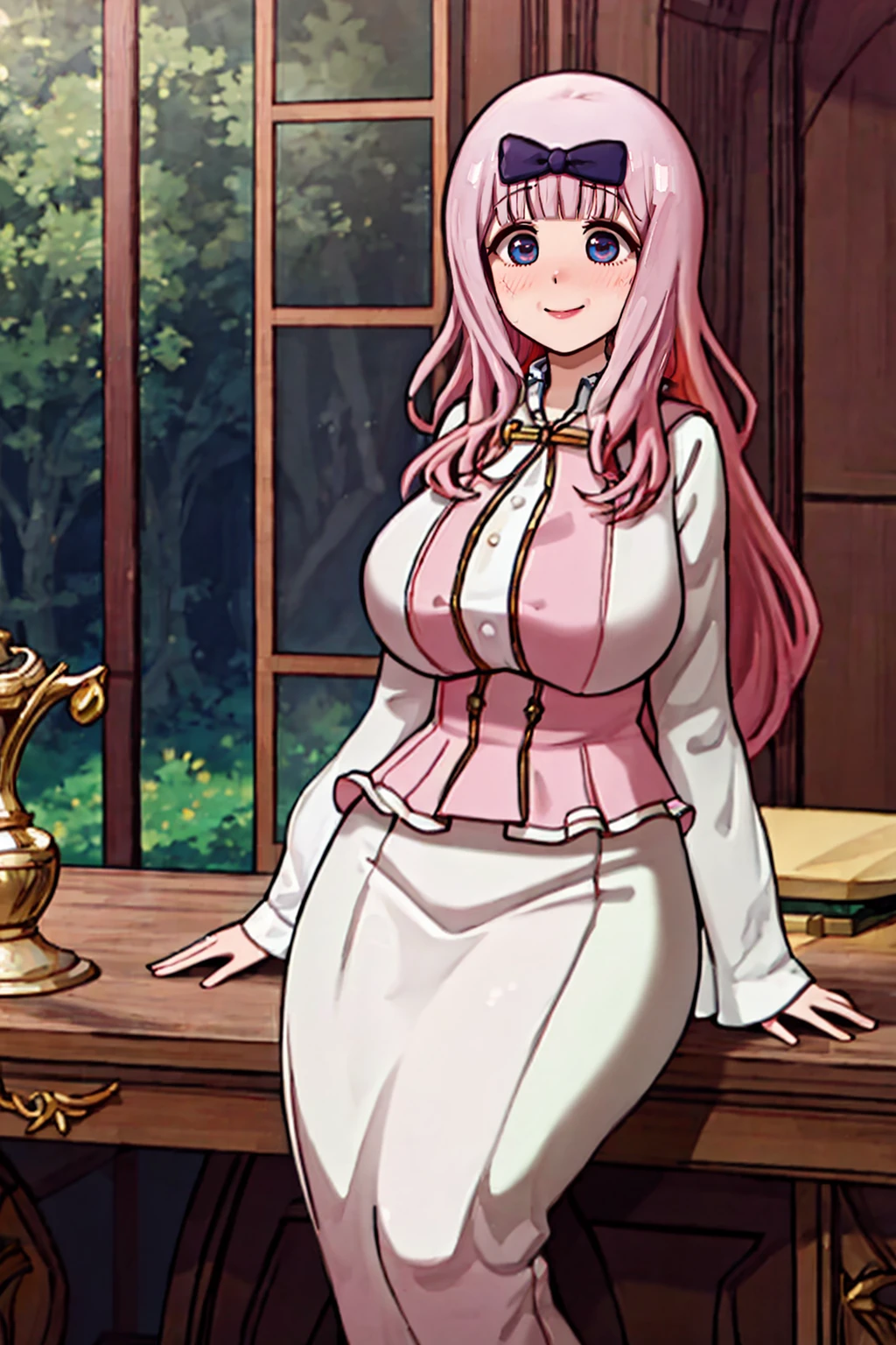 (best quality,4k,8k,highres,masterpiece:1.2),ultra-detailed,(:1.37),cute face,tall girl,huge breasts,pink long hair,Fujiwara Chika,full body,hat,wizard tunic,boots,woman-medieval-clothes,illustration,forest background,vibrant colors,warm lighting, smile, happy, long skirt, curvy,,