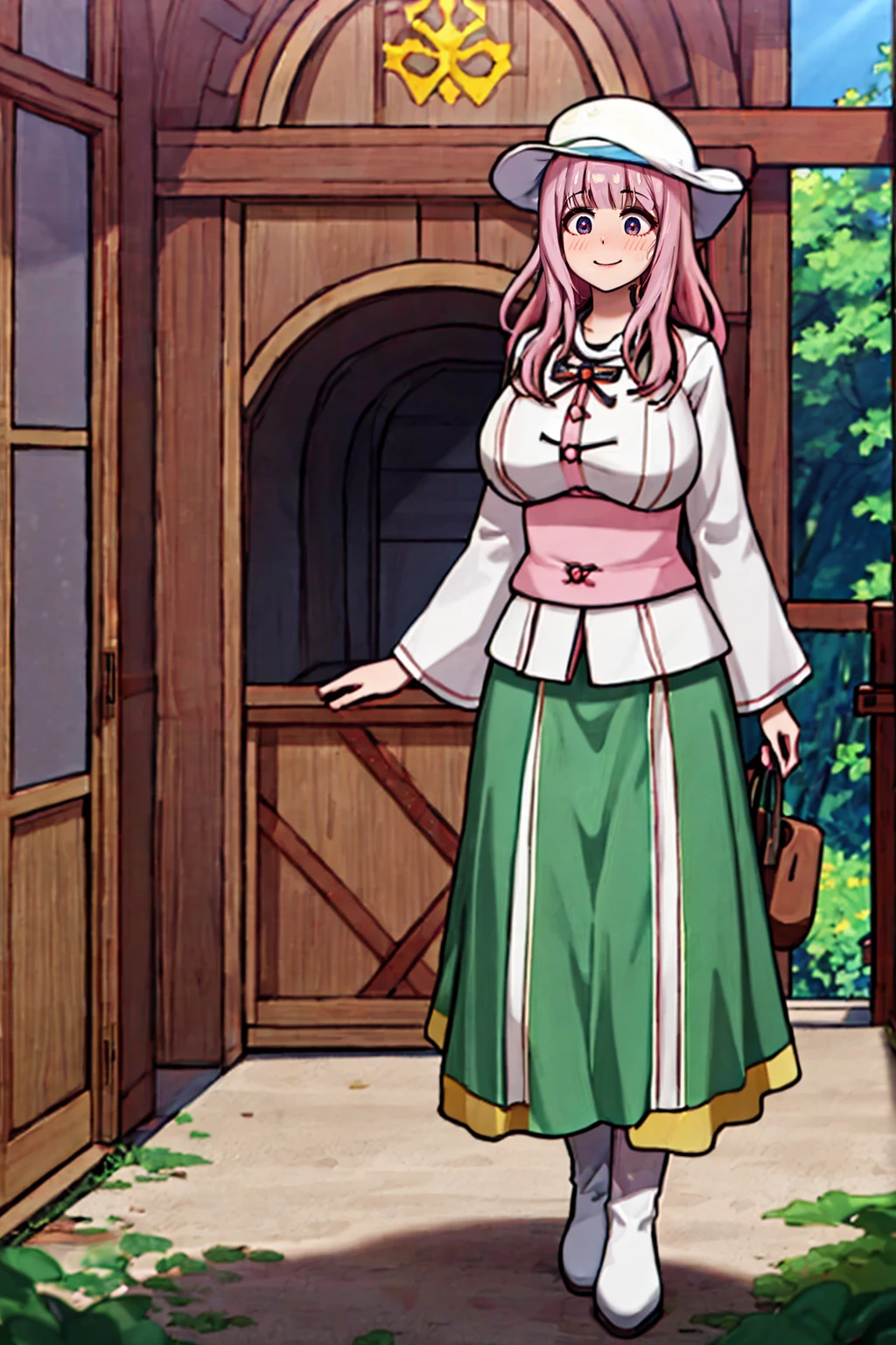 (best quality,4k,8k,highres,masterpiece:1.2),ultra-detailed,(:1.37),cute face,tall girl,huge breasts,pink long hair,Fujiwara Chika,full body,hat,wizard tunic,boots,woman-medieval-clothes,illustration,forest background,vibrant colors,warm lighting, smile, happy, long skirt, curvy,,