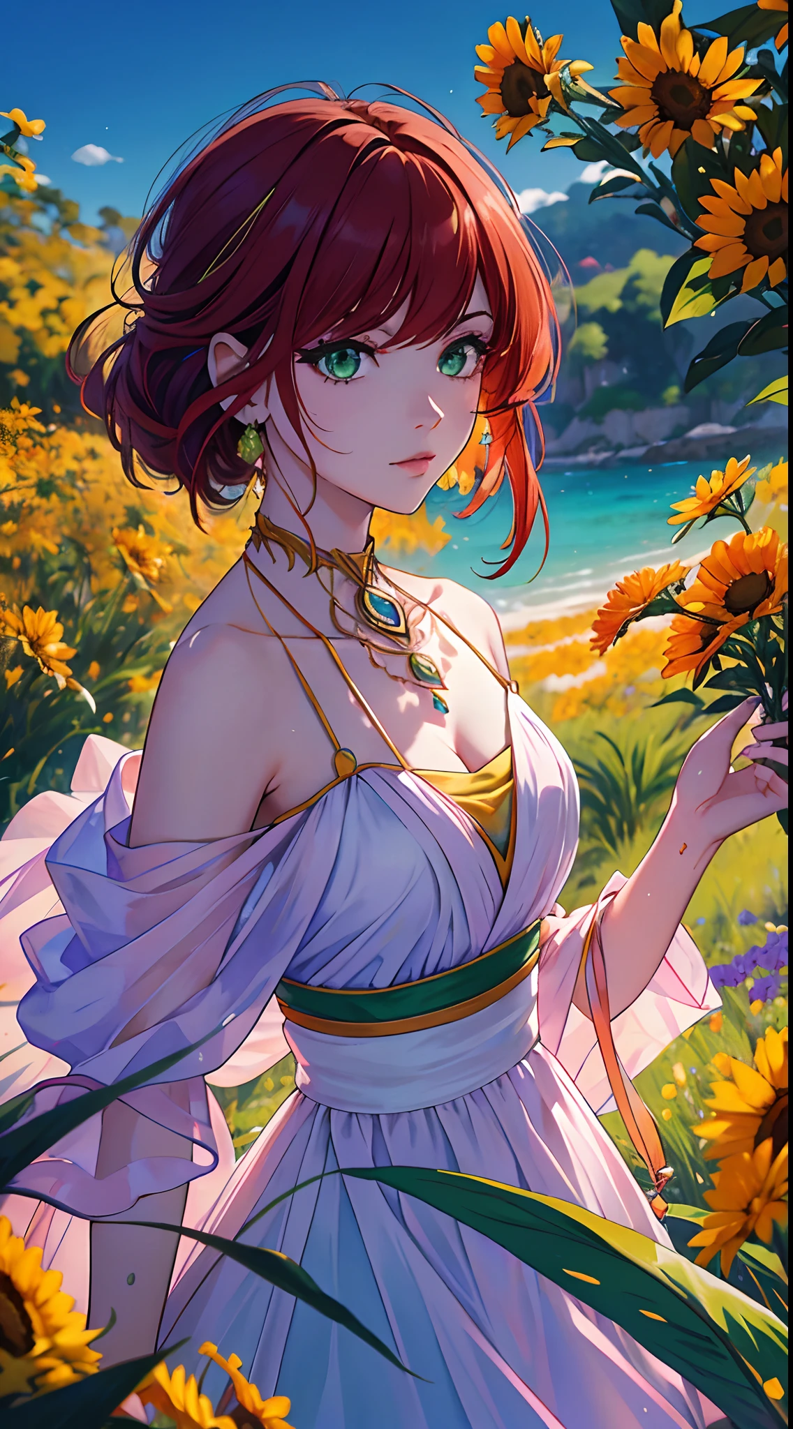 (best quality,4k,8k,Altas,master part:1.2),ultra-detalhado,Realistic,Beautiful girl,red hair,vestido verde,Olhos detalhados, Detailed lips,Rosto extremamente detalhado,long eyeslashes,fundo do jardim,cores laranja,cores verdes claras,cores roxas,lilac colors,cores amarelas,cores azuis claras.