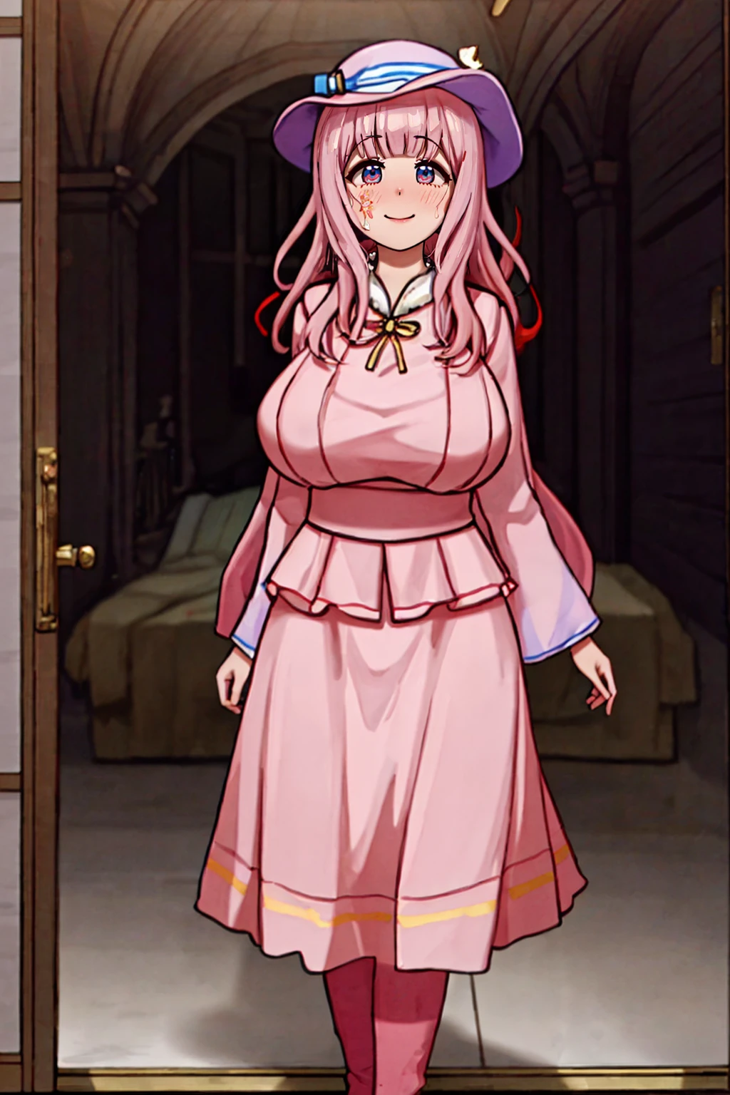 (best quality,4k,8k,highres,masterpiece:1.2),ultra-detailed,(:1.37),cute face,tall girl,huge breasts,pink long hair,Fujiwara Chika,full body,hat,wizard tunic,boots,woman-medieval-clothes,illustration, london background,vibrant colors,warm lighting, smile, happy, long skirt