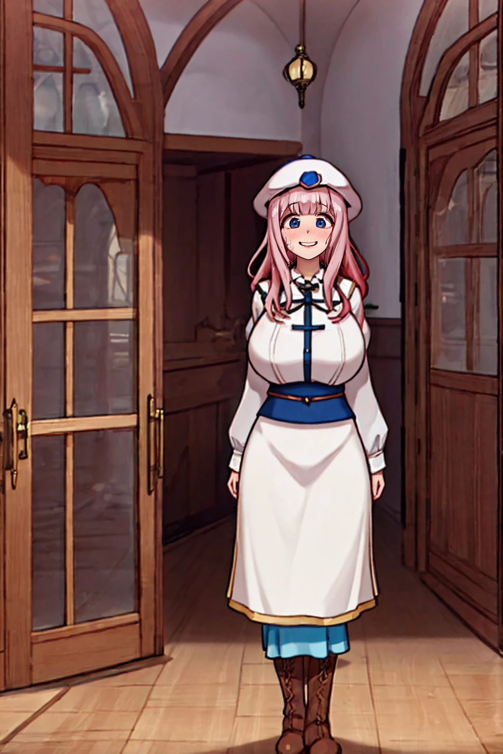 (best quality,4k,8k,highres,masterpiece:1.2),ultra-detailed,(:1.37),cute face,tall girl,huge breasts,pink long hair,Fujiwara Chika,full body,hat,wizard tunic,boots,woman-medieval-clothes,illustration, london background,vibrant colors,warm lighting, smile, happy, long skirt