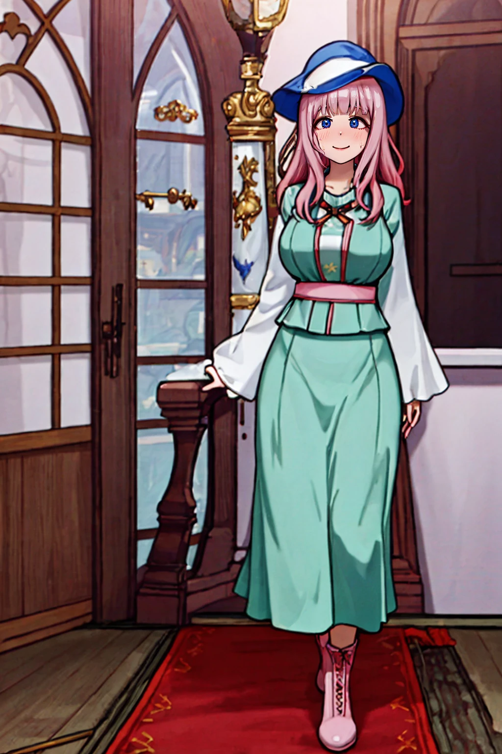 (best quality,4k,8k,highres,masterpiece:1.2),ultra-detailed,(:1.37),cute face,tall girl,huge breasts,pink long hair,Fujiwara Chika,full body,hat,wizard tunic,boots,woman-medieval-clothes,illustration, london background,vibrant colors,warm lighting, smile, happy, long skirt