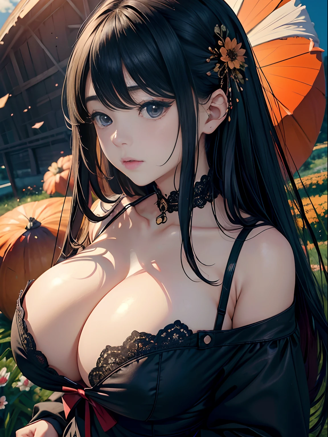 a 20 yo woman、(masterpiece:1.4)、(in 8K、realisitic、Raw photo、top-quality:1.4)、(Real Face:1.4)、(real looking skin:1.3)、超A high resolution、A hyper-realistic、Black eyes、Black hair long hair、Floral hair ornament、White dress、have a bouquet、(huge-breasted:1.5)、Blushing、alluring face、smil、autumnal、Cosmos Field、Cosmos