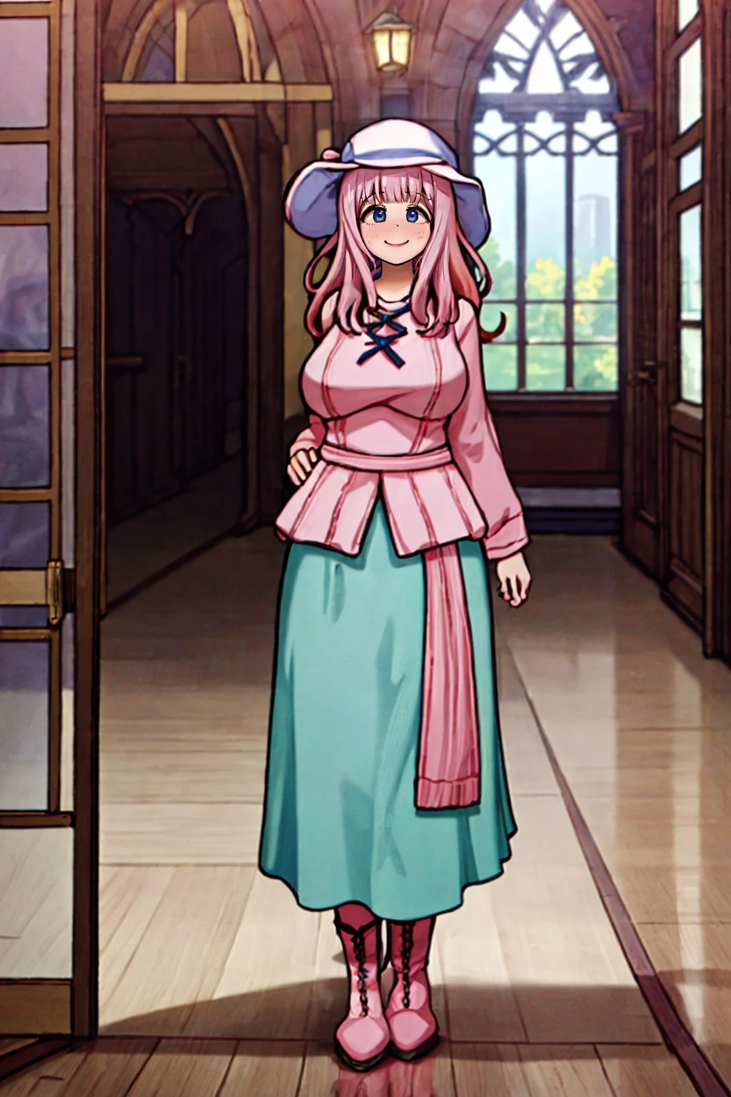 (best quality,4k,8k,highres,masterpiece:1.2),ultra-detailed,(:1.37),cute face,tall girl,huge breasts,pink long hair,Fujiwara Chika,full body,hat,wizard tunic,boots,woman-medieval-clothes,illustration, london background,vibrant colors,warm lighting, smile, happy, long skirt, curvy, chubby,