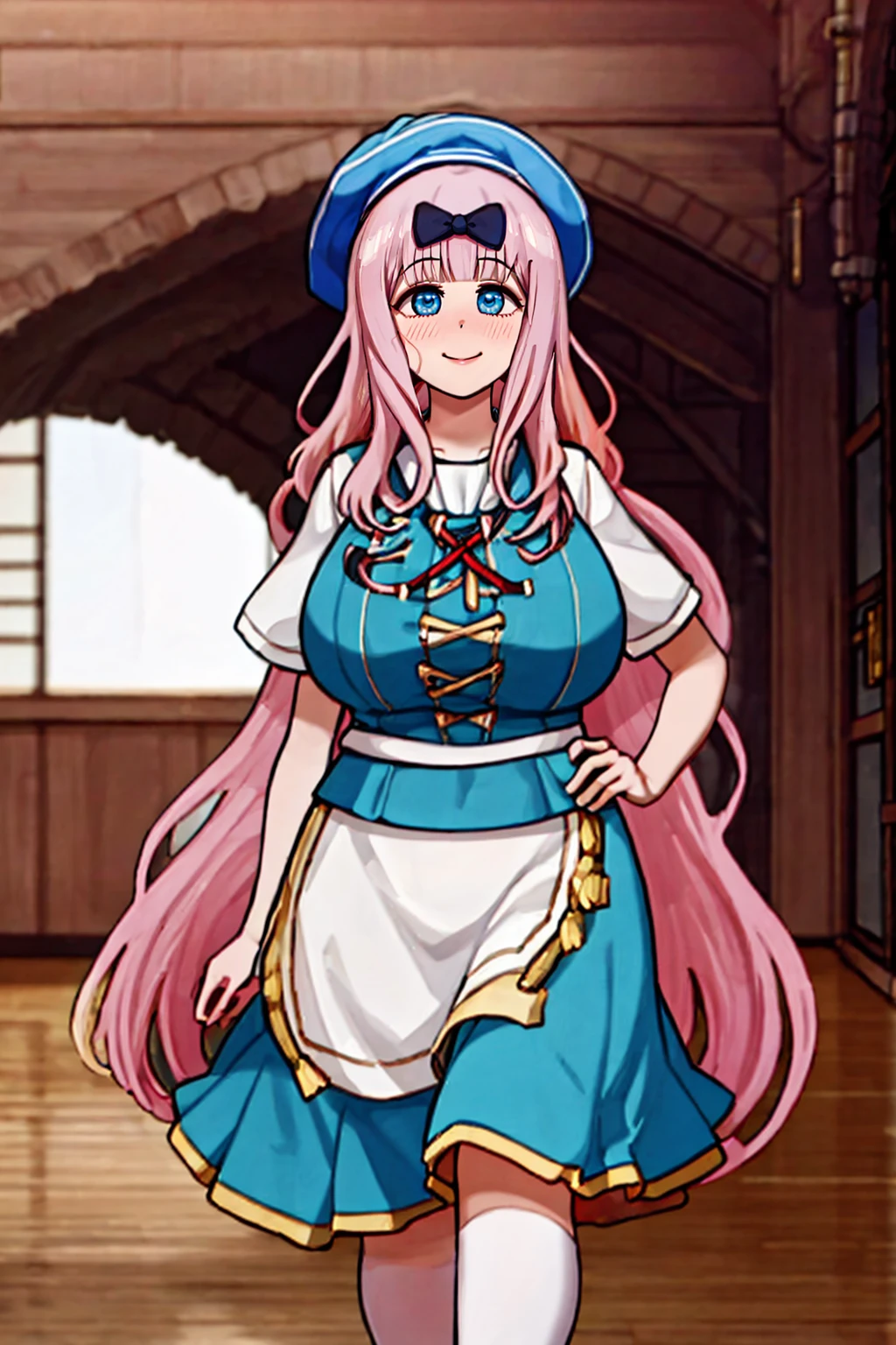 (best quality,4k,8k,highres,masterpiece:1.2),ultra-detailed,(:1.37),cute face,tall girl,huge breasts,pink long hair,Fujiwara Chika,full body,hat,wizard tunic,boots,woman-medieval-clothes,illustration, london background,vibrant colors,warm lighting, smile, happy, long skirt, curvy, chubby,