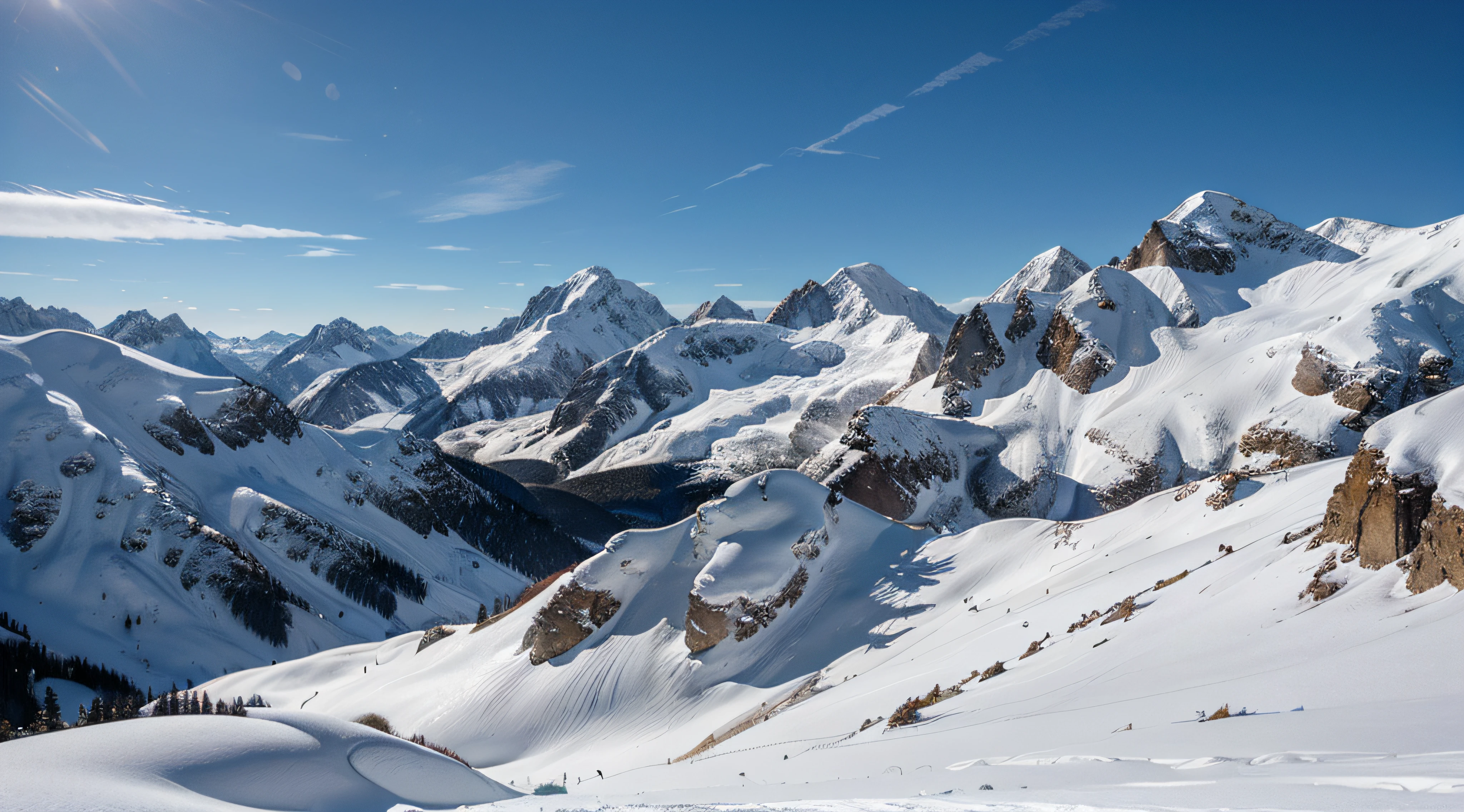 Create stunning images of snowy mountain landscapes, with the highest peaks touching the clouds. Include details of snow covering trees and rocks on the mountainside