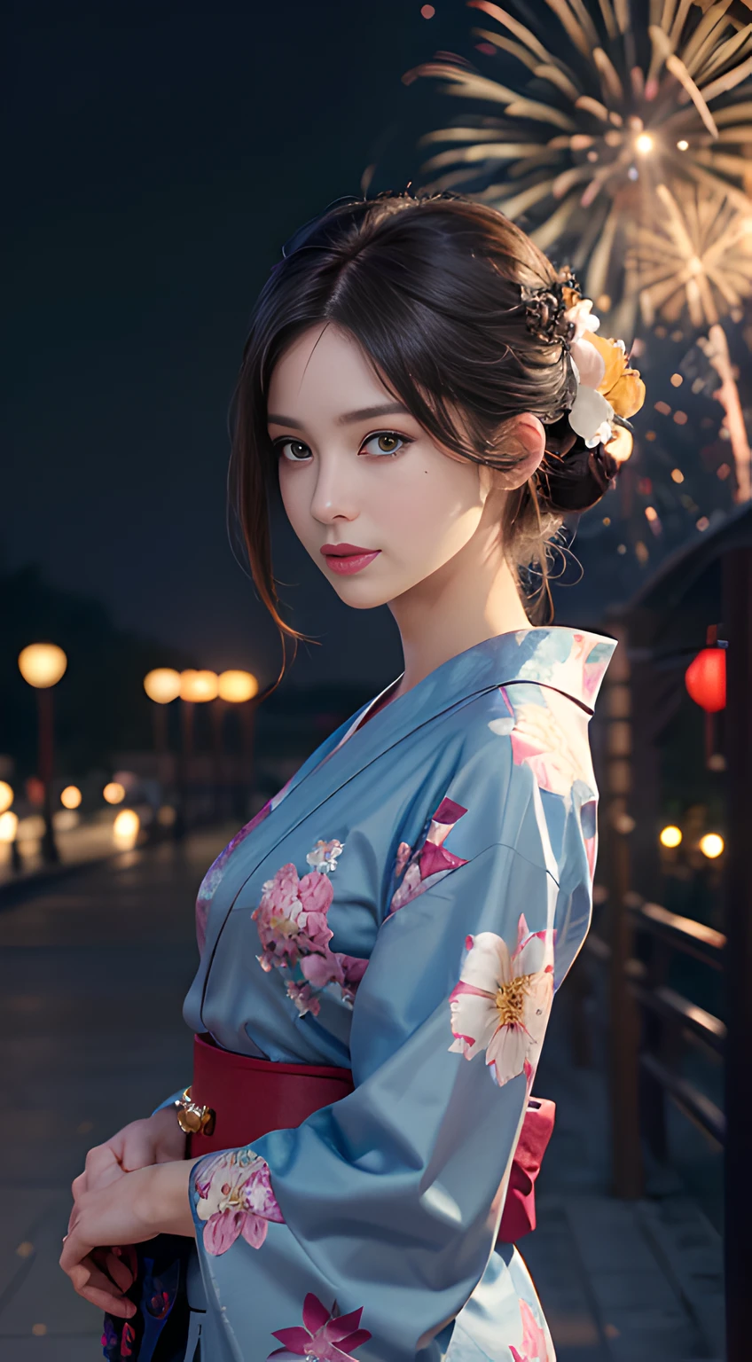 (Pre-focus), (darkness: 1.6), cinema light, Hyperreality by David Hockney and Alphonse Mucha, Mew's Woman, Photoreal, pale skin, Dynamic lighting, art station, posters, dark light, ((high detail face)), Mature atmosphere, Eye details, 10, a girl, Cool beautiful face, high nose, Ghibli without face, slim, (((tense)), ((large)), Erotic body, Amazing proportions, Wide shoulders, elongated legs, wide waist, Sexy Style, waist contraction, ((Small triangular face)), natural make up, beautiful make up, narrow eyes, pool, nighttime, (((firework)), ((Yukata floral)), ((kimono)), Waist girdle, cowboy shot, (Formal dress code: 1.4), hair details, hair up, brunette hair, Bokeh Background, (Ultra low angle), Forehead shot, A small smile, various poses, (((Positive faces)), The face does not collapse.