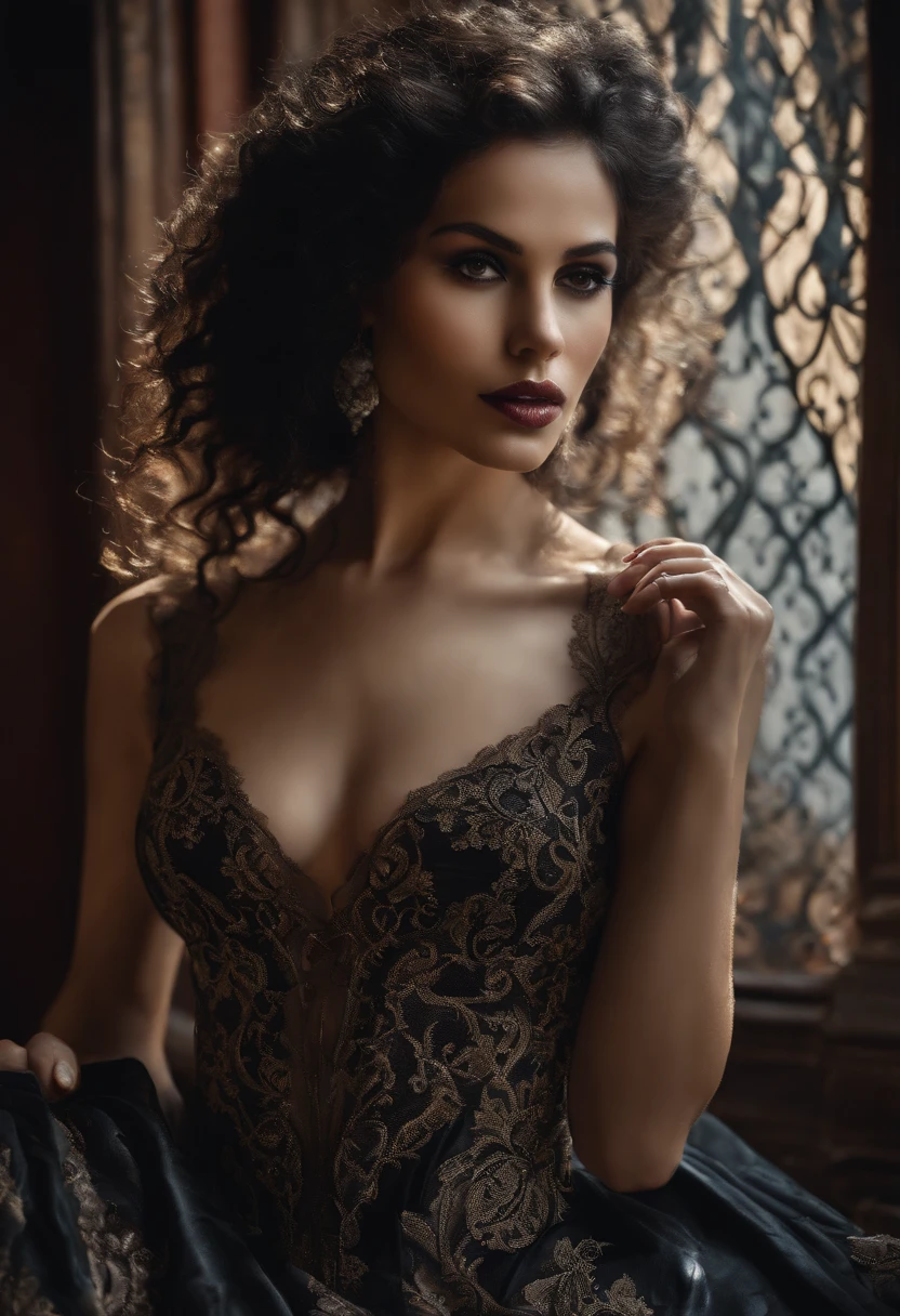 Girl, Latina, but with long curly hair, exotic beauty, charismatic, sophisticated beauty, slim figure, thin waist, size 3 breasts, naked in a transparent dress in the Gothic style, on a dark background with patterned wallpaper in the Victorian style, Gothic, sophisticated erotica , masterpiece, artistic photography, artistic photography, artistic painting, 8k, cinematic quality