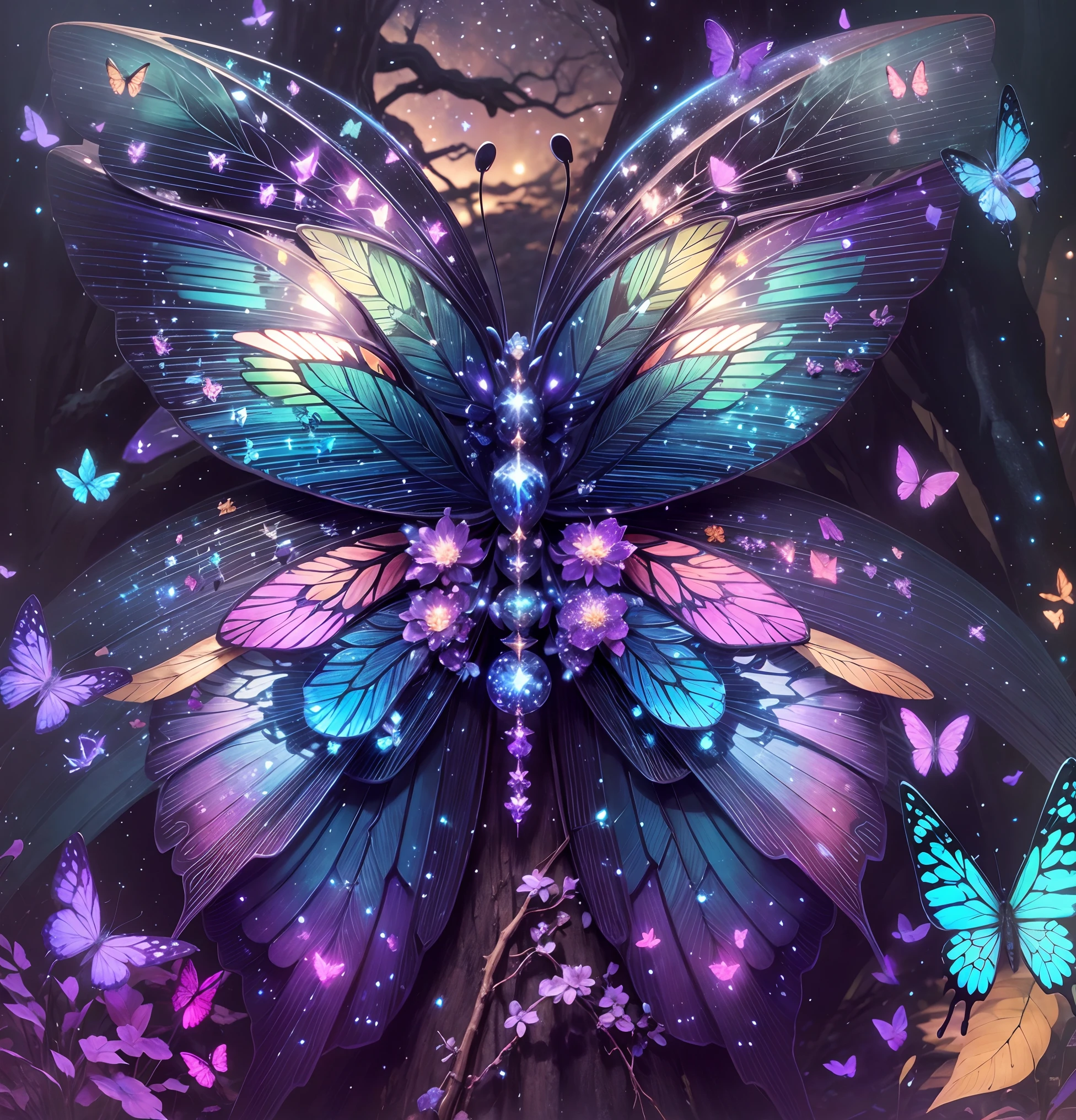 (Starlight Butterfly: 1.5), Giant butterfly, Butterfly wings, Butterflies fly, Giant starlight butterfly in the starry sky at night, Surrounded by galactic starlight, Dark Souls boss Moonlight Butterfly, Dance in this mysterious forest, Delicate wings are crystal clear,Such as clear crystal,Shimmering with a soft glow。Each wing is inlaid with brilliant and colorful crystals,From blue to purple,It shines with the luster of starlight,A faint blue glow)。The background is a fantastic elven forest,The trees are verdant,Elves flutter among the leaves,They sparkle,Leave a string of sparkling trails in the forest, Bio-luminescence,with dynamism,Colorful,colours,(with light glowing,with light glowing),(美丽的构图),电影灯光,iintricate,(The wings of a butterfly are symmetrical: 1.0),whimsically,surrealism, Cubist futurism, Ghibli-like colors, first person perspective, Wide-angle, hyper HD, Masterpiece, ccurate, Anatomically correct, Textured skin, Super detail, High details, Award-Awarded, 8K