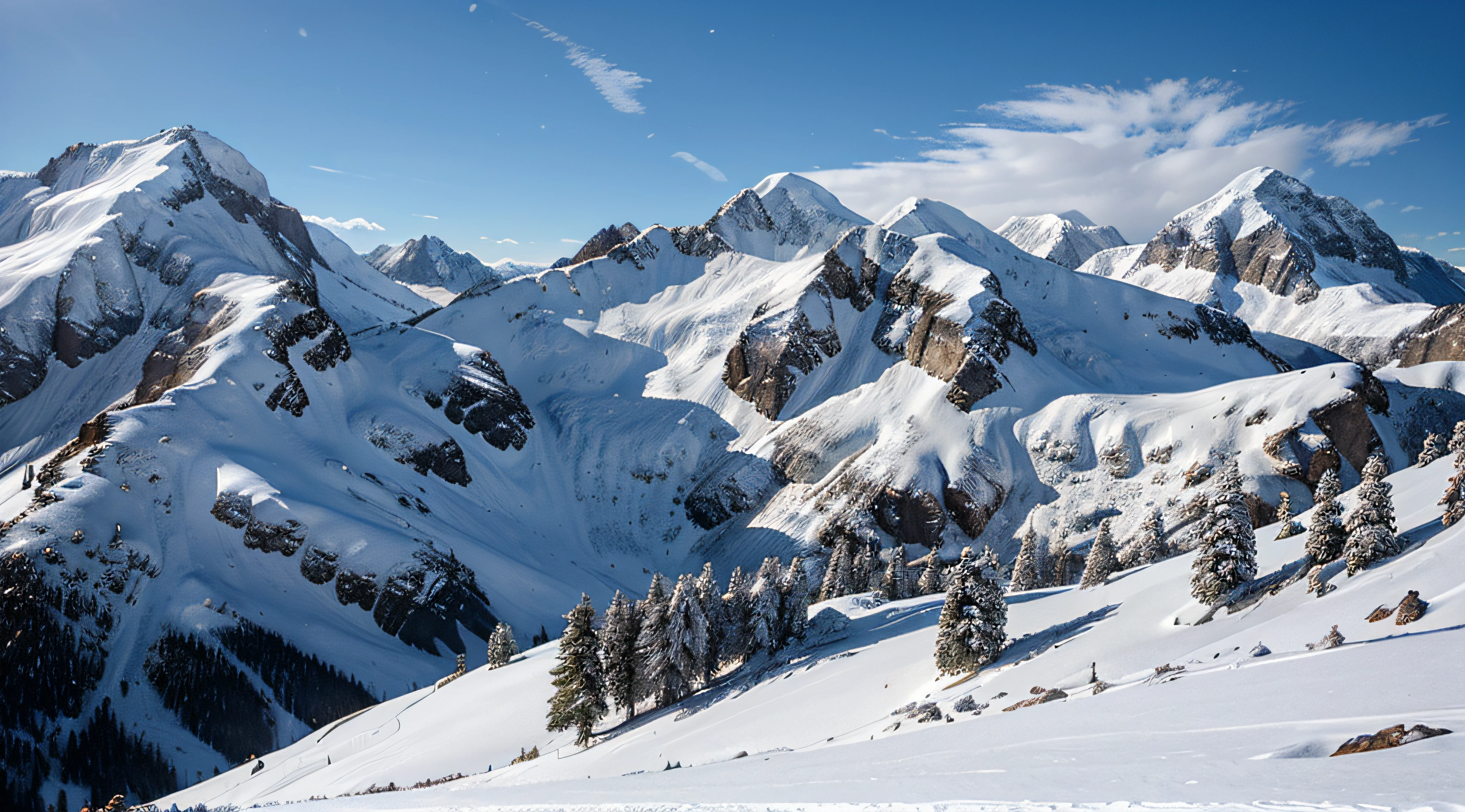 Create stunning images of snowy mountain landscapes, with the highest peaks touching the clouds. Include details of snow covering trees and rocks on the mountainside