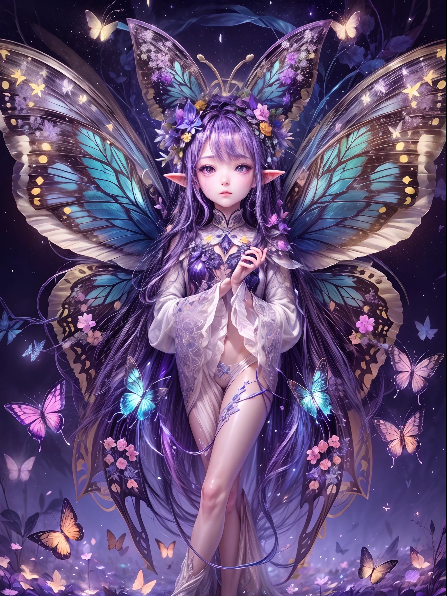 (Starlight Butterfly: 1.5), Giant butterfly, Butterfly wings, Butterflies fly, Giant starlight butterfly in the night starry sky, Surrounded by galactic starlight, Dark Souls boss Moonlight Butterfly, Dancing in this mysterious forest, The delicate wings are as crystal clear as transparent crystals,Shimmering with a soft glow。Each wing is inlaid with brilliant and colorful crystals,From blue to purple,It shines with the sheen of starlight,A faint blue glow)。The background is a fantastical forest of elves,The trees are verdant,Tiny elves fluttered among the leaves,They shimmer,Leave a trail of shining marks in the forest, Bio-luminescence,with dynamism,Colorful,colours,(with light glowing,with light glowing),(美丽的构图),电影灯光,iintricate,(Butterfly wings are symmetrical: 1.0),whimsically,Surrealism, Cubist Futurism, Ghibli-like colours, first-person view, Wide-Angle, UHD, masterpiece, ccurate, anatomically correct, textured skin, super detail, high details, award winning, 8k