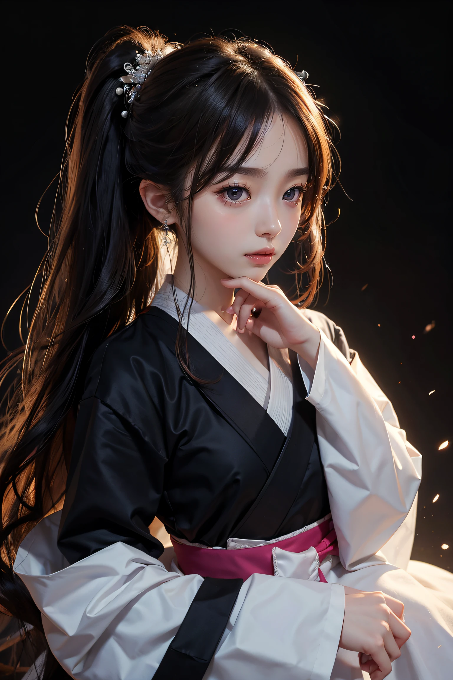 petite girl , hanbok , nipple , nsfw , Long hair , Delicate and beautiful eyes , Realistic: , Highest quality , Masterpieces , Scattered hair , Black background