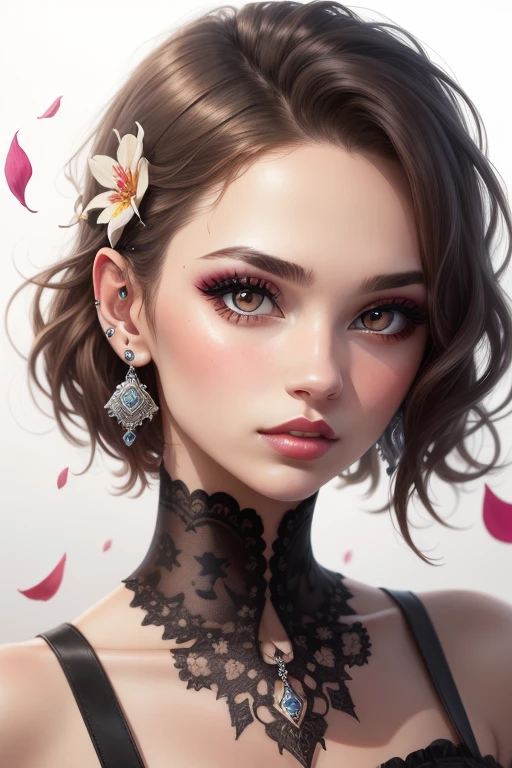 Digiart style, 1girl in, Solo, Looking at Viewer, Short hair, Simple background, White background, Jewelry, monochromes, grayscales, earrings, Parted lips, Lips, flower petals, Eyelashes, The tattoo, makeup, watermarked, Piercing, ear piercings, Portrait, Digital Art