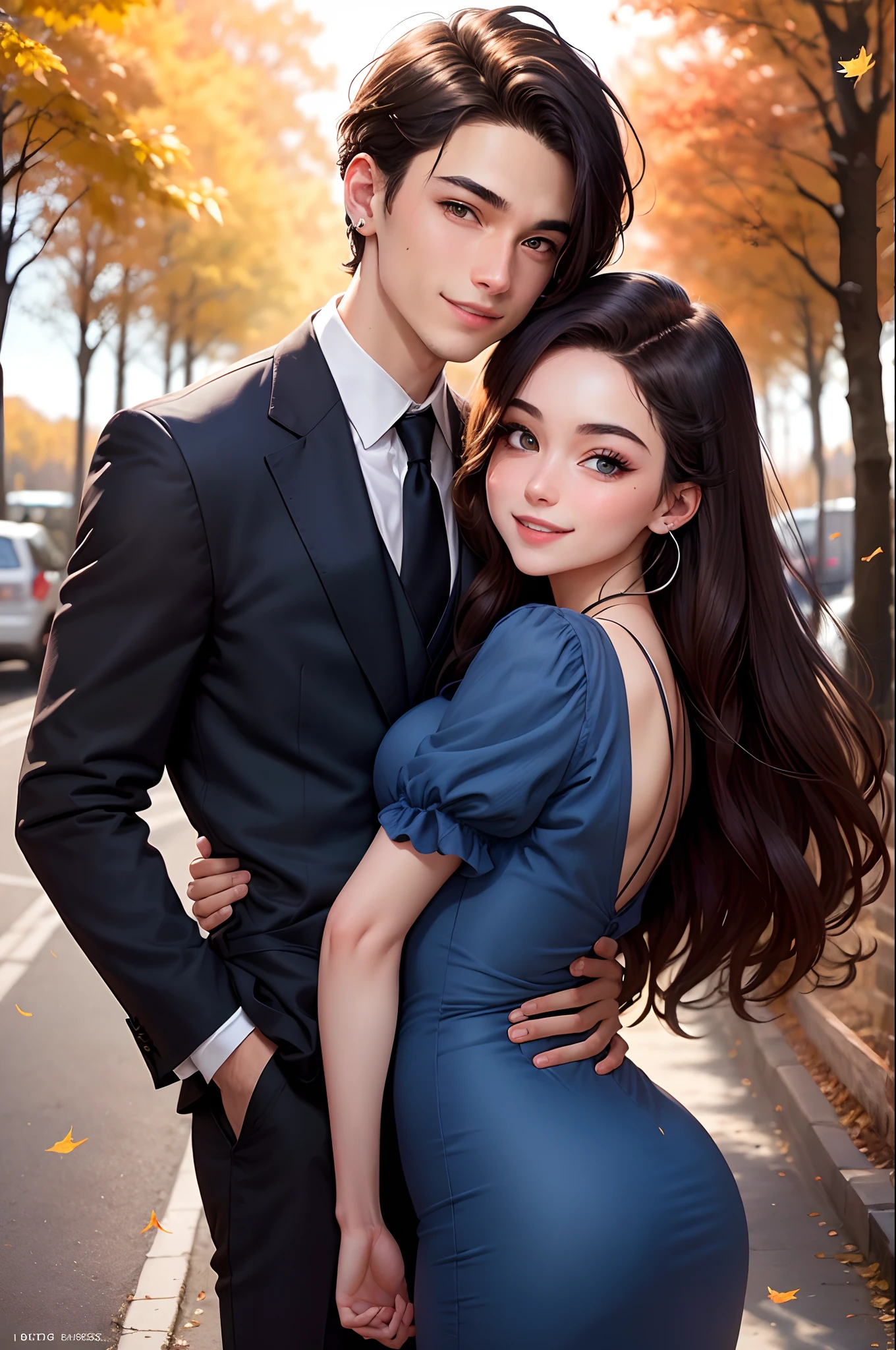 create disney pixar inspired movie posters. an 18 year old girl with dark brown long straight hair, a middle part, a septum piercing, two side nose piercings, a bright smile, short, pale skin, blue eyes, wearing a short black dress. and an 18 year old boy with a side part, medium length dark brown hair, pale skin, a bright smile, dark brown eyes, tall, wearing a black suit and tie, they should be hugging. the backround is trees during the fall with the leaves falling. the title should be included in the poster. the title is Jacob & Grace.
