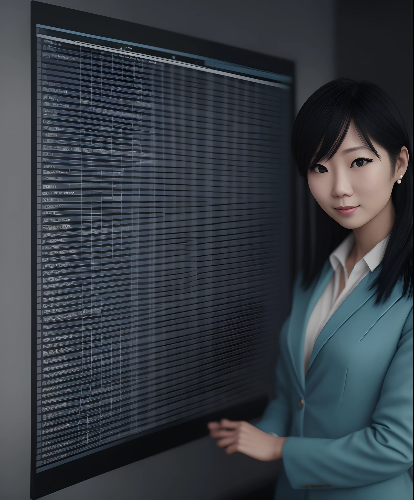 The video starts with an enthusiastic and knowledgeable host, Michiko - a Japanese woman dressed in a suit with light blue trousers and light colored blouse. With long wavy black hair slicked back. Sexy girl with blue eyes, ultra realistic, meticulously detailed, Kana Nishino portrait, large eyes, no make-up, subtle natural make-up, direct eye to camera, stunning body image, medium size bust. Long, beautiful legs, shod in black heels. An IT specialist with a passion for music. She stands in front of a whiteboard with a diagram illustrating Java and Node.js. --auto --s2
