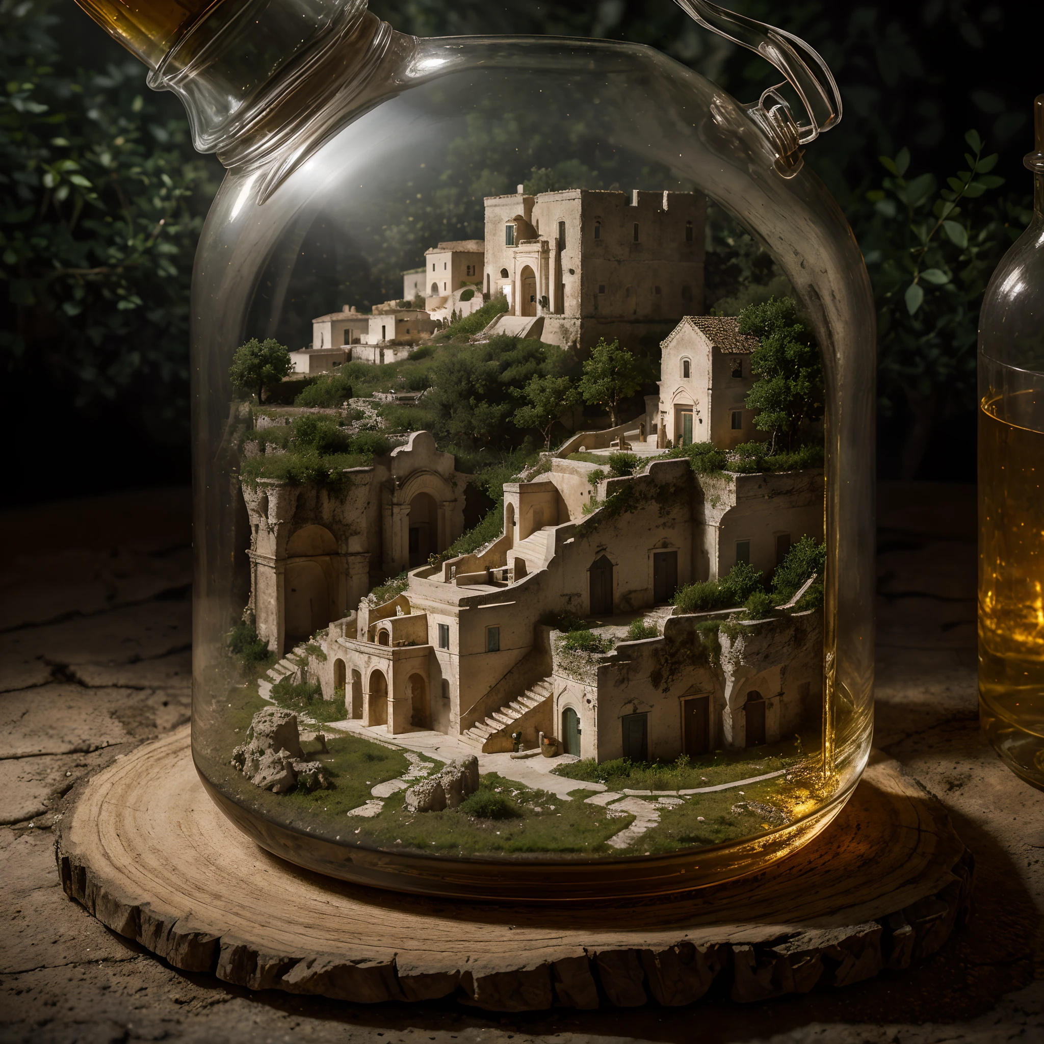 (An intricate minitown Matera landscape trapped in a bottle), atmospheric oliva lighting, on the table, 4k UHD, dark vibes, hyper detailed, vibrant colours forest background, epic composition, octane render, sharp focus, high resolution isometric