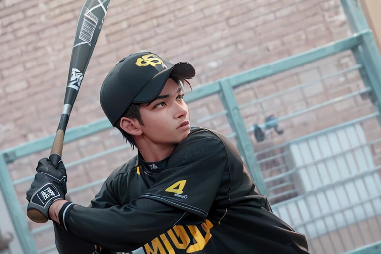 Prompt generation:
(best quality,4k,8k,highres,masterpiece:1.2),ultra-detailed,(realistic,photorealistic,photo-realistic:1.37),baseball ball,baseball bat,male,black uniform,yellow text,QB letters on hat,dark hair,short hair