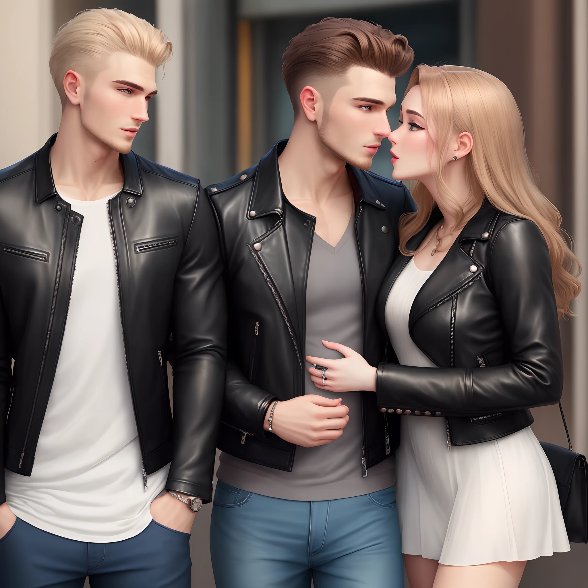 A handsome Russian man gazed at another handsome black leather jacket man wearing ring, almost kiss a young woman wearing casual elegant dress. (((two man and a woman))))