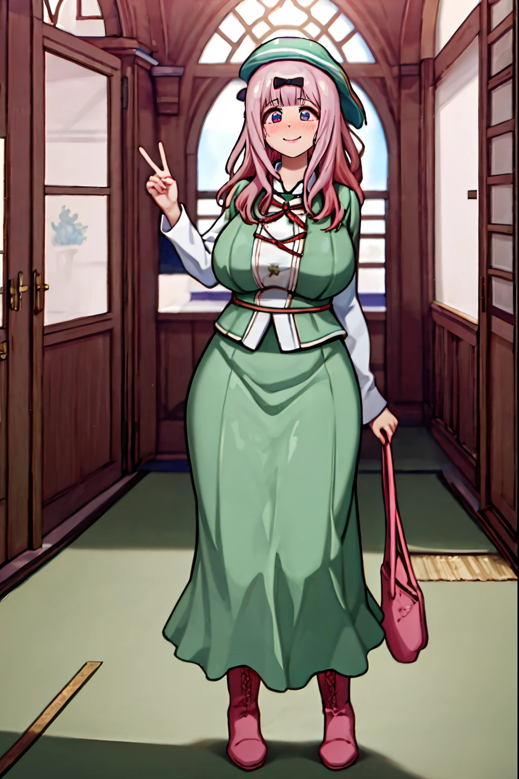 (best quality,4k,8k,highres,masterpiece:1.2),ultra-detailed,(:1.37),cute face,tall girl,huge breasts,pink long hair,Fujiwara Chika,full body,hat,wizard tunic,boots,woman-medieval-clothes,illustration, london background,vibrant colors,warm lighting, smile, happy, long skirt, curvy, chubby,