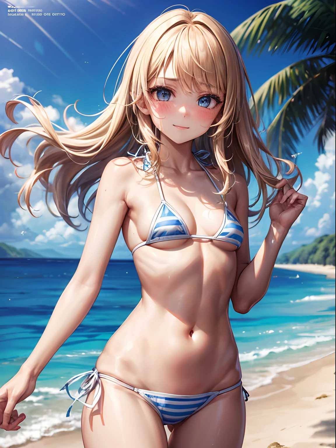 (masterpiece), (top-quality), (Ultra Small Bikini:1.5), (blushed face:1.3), (Cover your crotch with both hands:1.3), (Spilling:1.4), under the boobs, You can look sideways, Naked, a beauty girl, Precise hands, Embarrassed look, Smile, Very cute, Clear eyes, Shining eyes, (My bikini is about to come off:1.5), Big Breast, Tummy is visible, I can see the cleavage, the lower abdomen is visible, The crotch is visible, Beautiful skins, ultra-definition, Top resolution, Golden hair