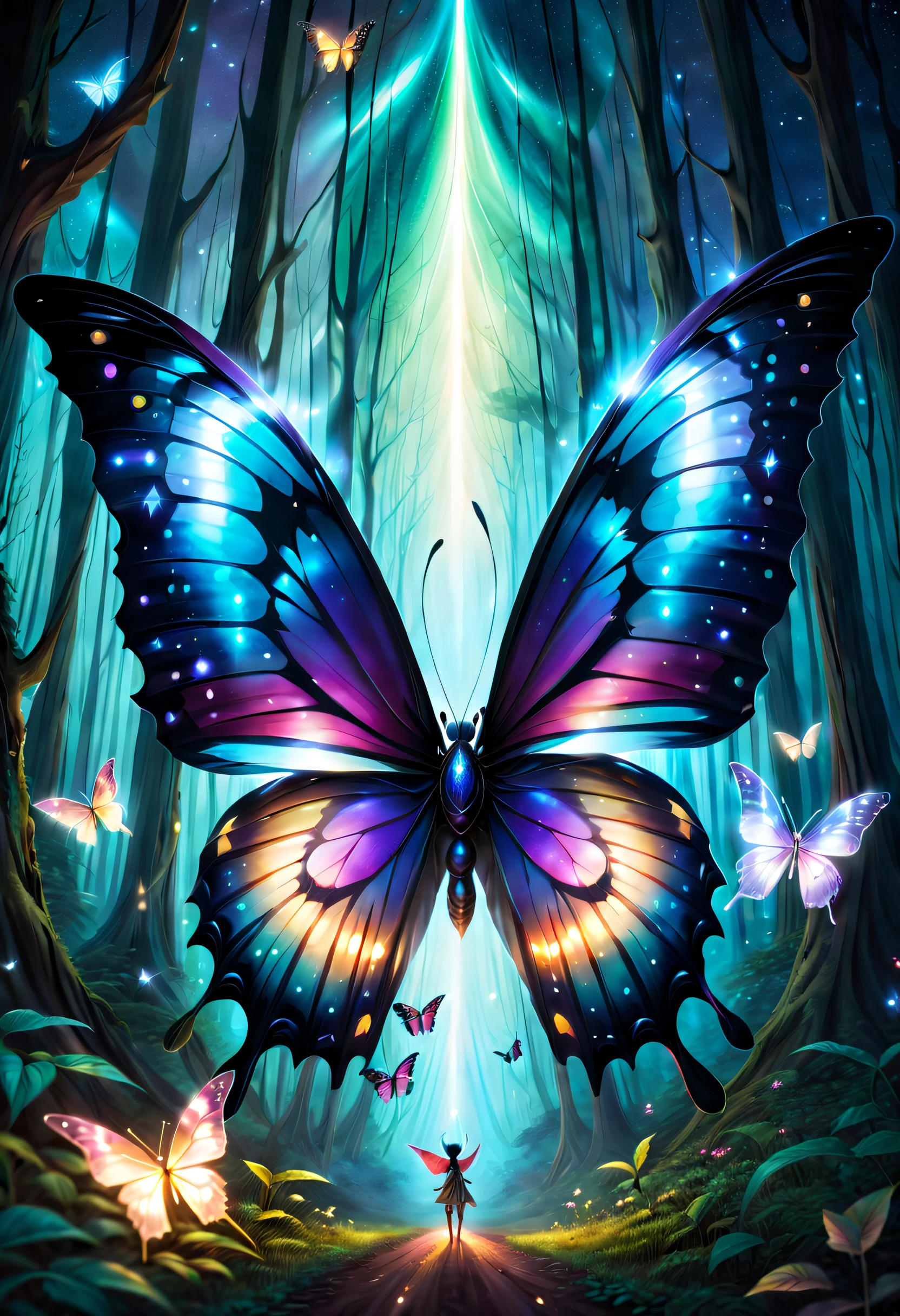 (Starlight Butterfly: 1.5), Giant butterfly, Butterfly wings, Butterflies fly, Giant starlight butterfly in the night starry sky, Surrounded by galactic starlight, Dark Souls boss Moonlight Butterfly, Dancing in this mysterious forest, The delicate wings are as crystal clear as transparent crystals，Shimmering with a soft glow。Each wing is inlaid with brilliant and colorful crystals，From blue to purple，It shines with the sheen of starlight，A faint blue glow)。The background is a fantastical forest of elves，The trees are verdant，Tiny elves fluttered among the leaves，They shimmer，Leave a trail of shining marks in the forest, Bio-luminescence，with dynamism，Colorful，colours，（with light glowing，with light glowing），（美丽的构图），电影灯光，iintricate，（Butterfly wings are symmetrical: 1.0），whimsically，Surrealism, Cubist Futurism, Ghibli-like colours, first-person view, Wide-Angle, UHD, masterpiece, ccurate, anatomically correct, textured skin, super detail, high details, award winning, 8k