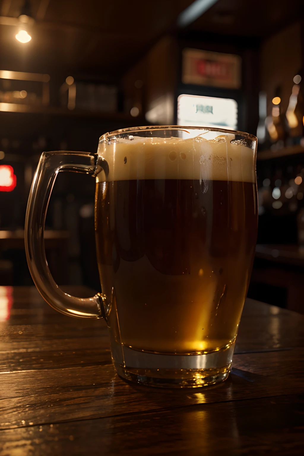 beer in a mug in bar, close up, cinematic lighting, cinematic, mood lighting, hyper realistic photo, cinematic photo, 8k render