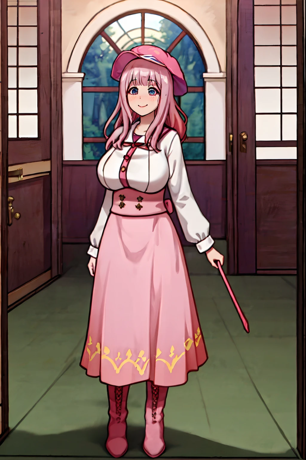 (best quality,4k,8k,highres,masterpiece:1.2),ultra-detailed,(:1.37),cute face,tall girl,huge breasts,pink long hair,Fujiwara Chika,full body,hat,wizard tunic,boots,woman-medieval-clothes,illustration, london background,vibrant colors,warm lighting, smile, happy, long skirt