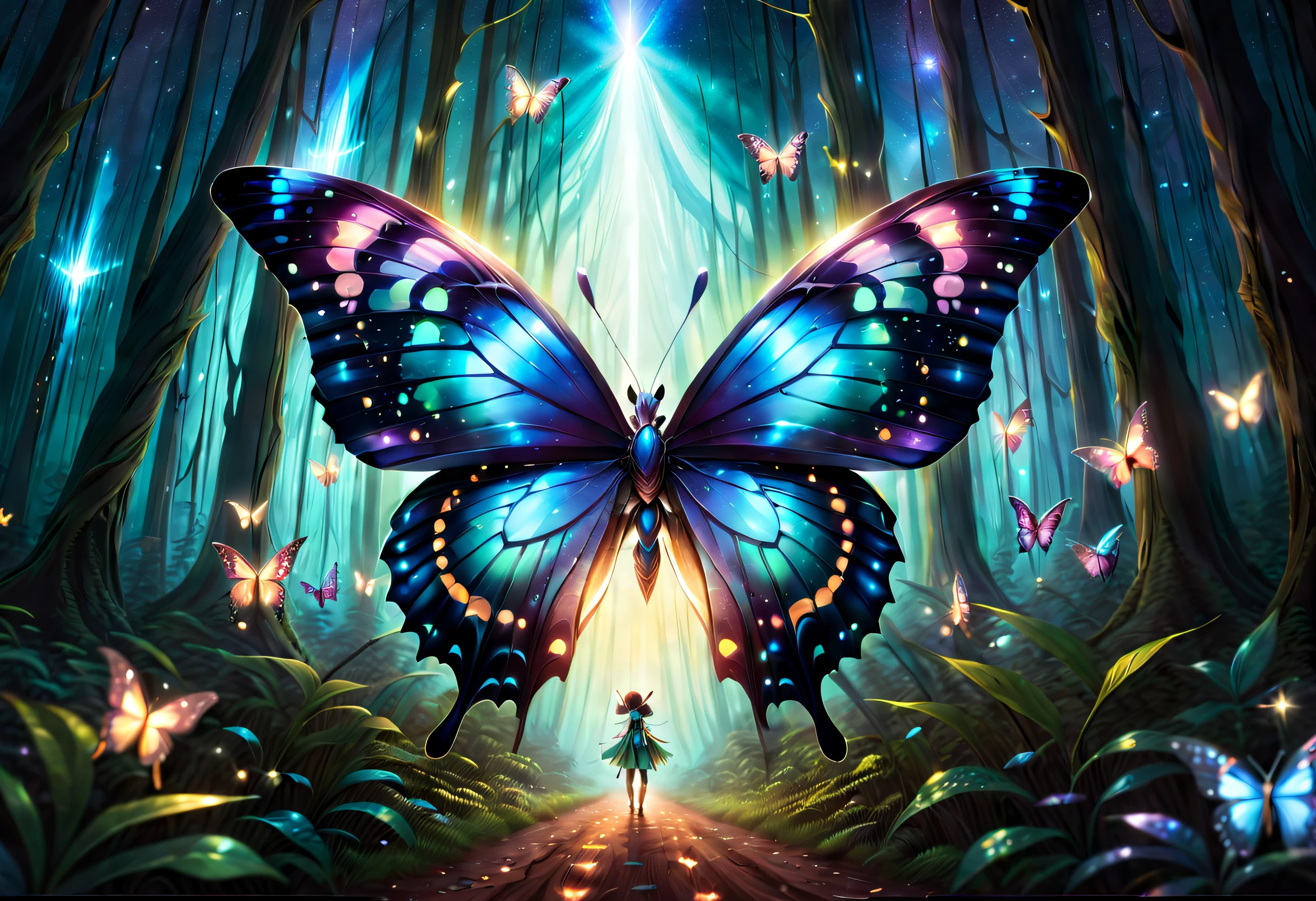 (Starlight Butterfly: 1.5), Giant butterfly, Butterfly wings, Butterflies fly, Giant starlight butterfly in the night starry sky, Surrounded by galactic starlight, Dark Souls boss Moonlight Butterfly, Dancing in this mysterious forest, The delicate wings are as crystal clear as transparent crystals，Shimmering with a soft glow。Each wing is inlaid with brilliant and colorful crystals，From blue to purple，It shines with the sheen of starlight，A faint blue glow)。The background is a fantastical forest of elves，The trees are verdant，Tiny elves fluttered among the leaves，They shimmer，Leave a trail of shining marks in the forest, Bio-luminescence，with dynamism，Colorful，colours，(with light glowing，with light glowing)，(beautiful composition), cinematic lighting，iintricate，(Butterfly wings are symmetrical: 1.0)，whimsically，Surrealism, Cubist Futurism, Ghibli-like colours, first-person view, Wide-Angle, UHD, masterpiece, ccurate, anatomically correct, textured skin, super detail, high details, award winning, 8k, bj_Elf