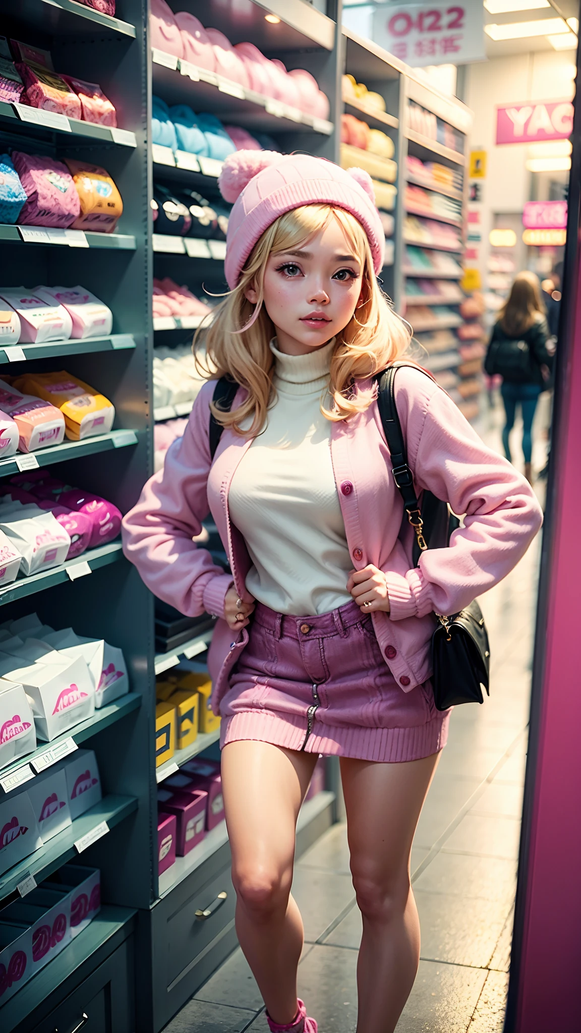 there is a woman standing in a store with a pink and white jacket, cardigan, pink clothes, trendy clothes, candid picture, with lovely look, fashion model, teenage girl, dressed with long fluent clothes, wearing in cardigan, wearing a cardigan, pastel clothing, y2k style, y 2 k style, teenager girl, pink girl, white and pink, casual clothes