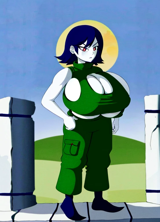 miserycs,1girl,hovering,facing viewer,character portrait,crop top,full body,midriff,baggy pants,night,in field,marble ruins,white skin,masterpiece,best quality,short hair,sleeveless, (large breasts:1.6)
