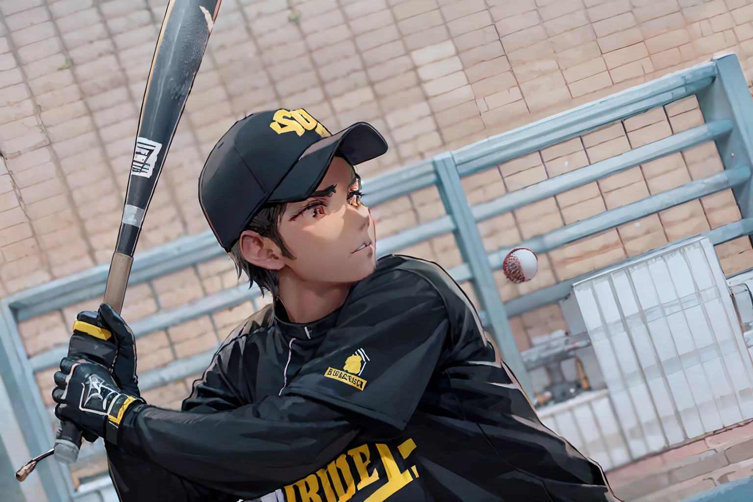 Baseball，batt，male people，Black uniform，yellow text，QB letters on hat，Dark hair，short-haired