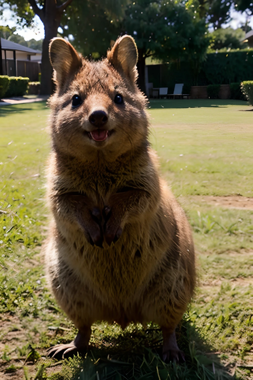 Quokka reaching forward on the lawn
