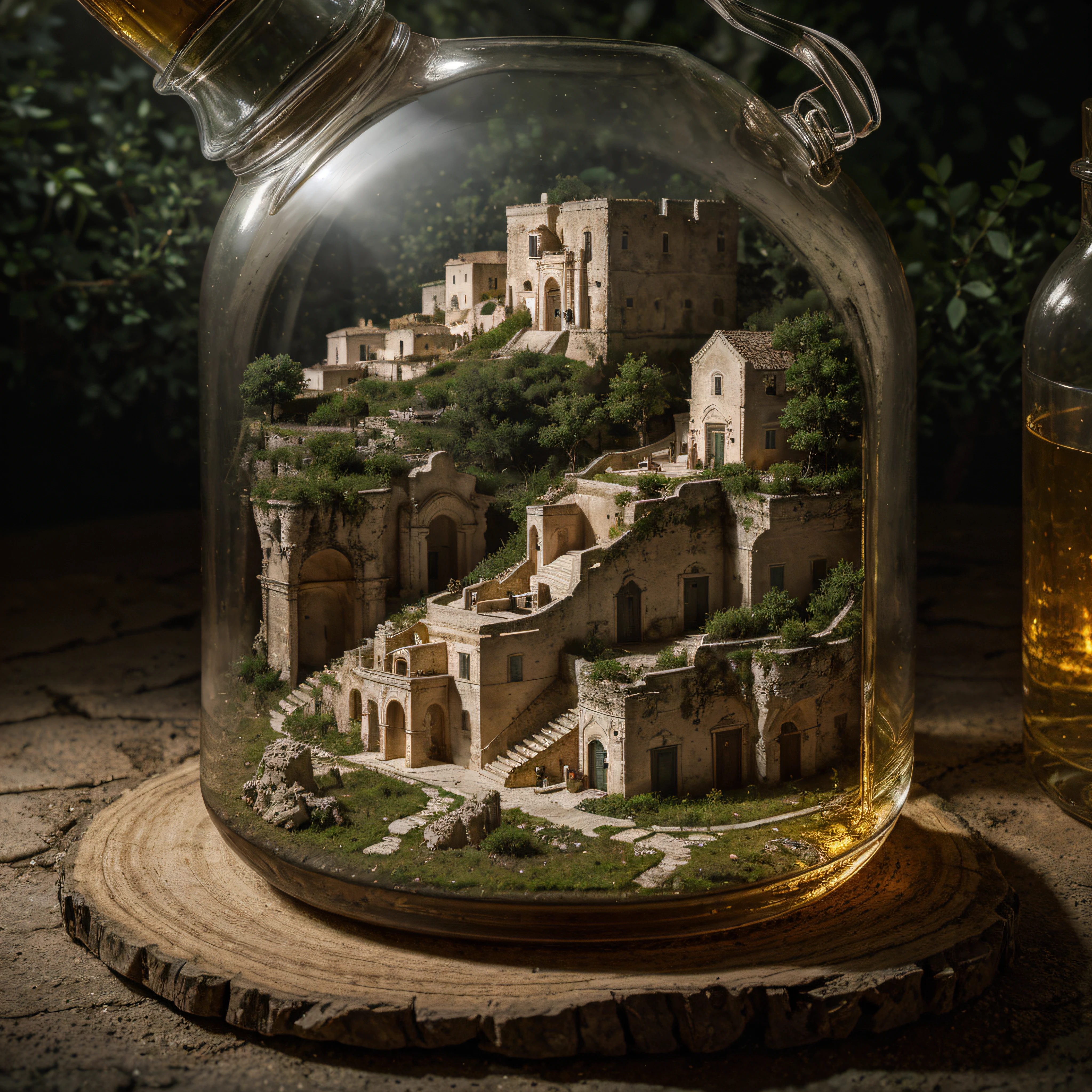 (An intricate minitown Matera landscape trapped in a bottle), atmospheric oliva lighting, on the table, 4k UHD, dark vibes, hyper detailed, vibrant colours forest background, epic composition, octane render, sharp focus, high resolution isometric