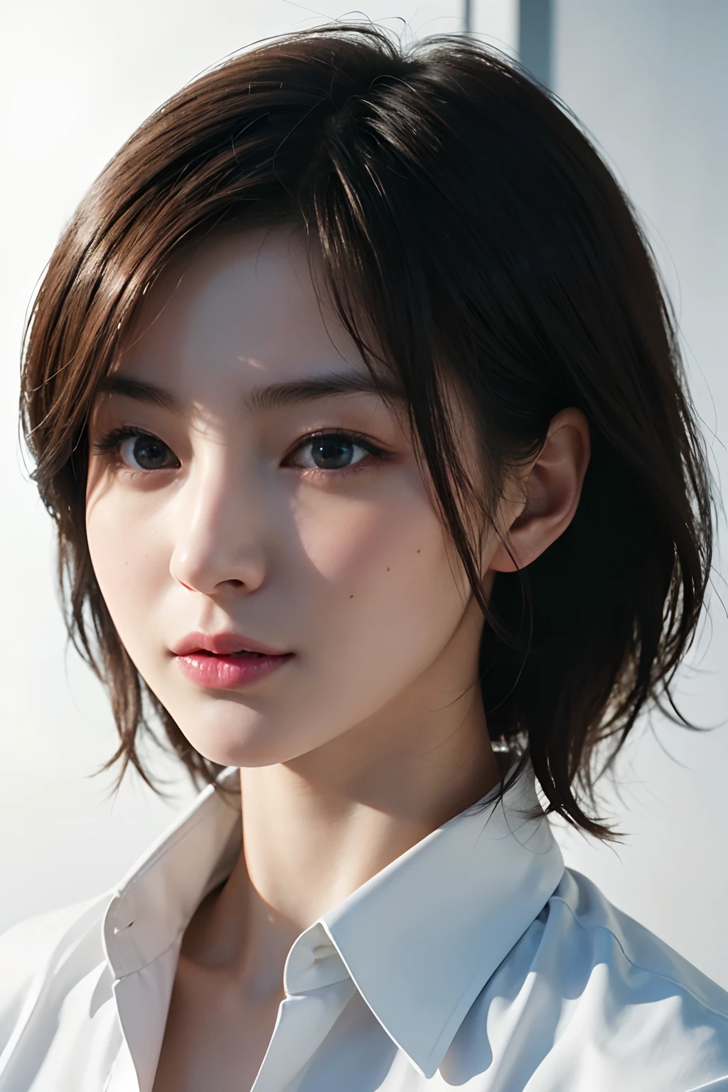 超A high resolution,masutepiece,Best Quality,
extremely delicate face,Detailed eyes,very intricate,perfect glossy shiny skins,Perfect Lighting,Detailed Lighting,Dramatic shadows,Ray tracing,
1girll,full body Esbian,white oversized button up shirt,view the viewer,Cyberpunk