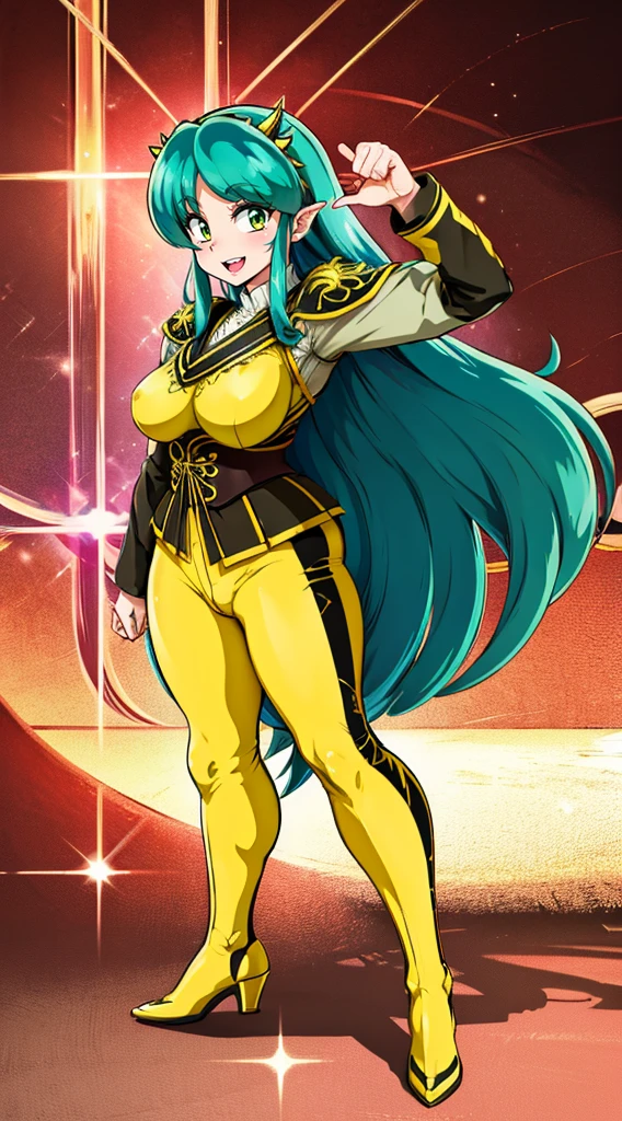 masterpiece, best quality,, corset, breastplate,lum, , urusei yatsura, cloak, pants, pullover kimono,martial pov,, pantyhose, sharpteeth, standing,smile, matial art,, full body, boots , pant, medium breast, pants, pullover,martial pov,god rays, ray tracing, sparkle, cinematic lighting, UHD, retina, masterpiece, ccurate, anatomically correct, textured skin, super detail, high details, high quality, award winning, best quality, highres, 1080P, HD, 4K, thunder aura, light aura, sharpteeth,, super powers, full body, standing, kimono