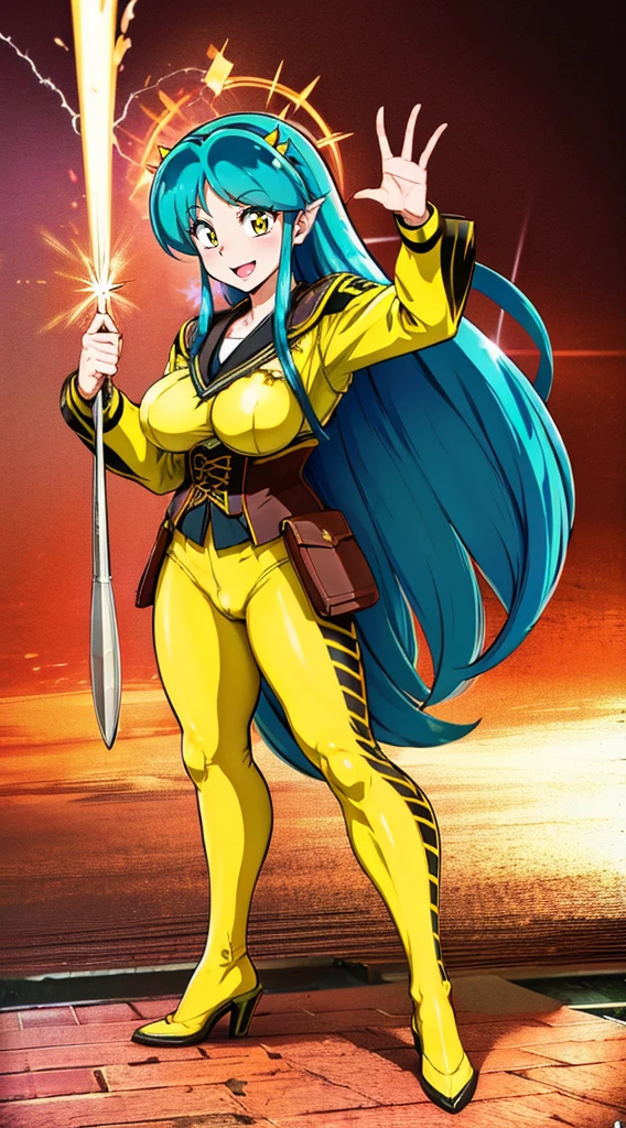 masterpiece, best quality,, corset, breastplate,lum, , urusei yatsura, cloak, pants, pullover kimono,martial pov,, pantyhose, sharpteeth, standing,smile, matial art,, full body, boots , pant, medium breast, pants, pullover,martial pov,god rays, ray tracing, sparkle, cinematic lighting, UHD, retina, masterpiece, ccurate, anatomically correct, textured skin, super detail, high details, high quality, award winning, best quality, highres, 1080P, HD, 4K, thunder aura, light aura, sharpteeth,, super powers, full body, standing, kimono