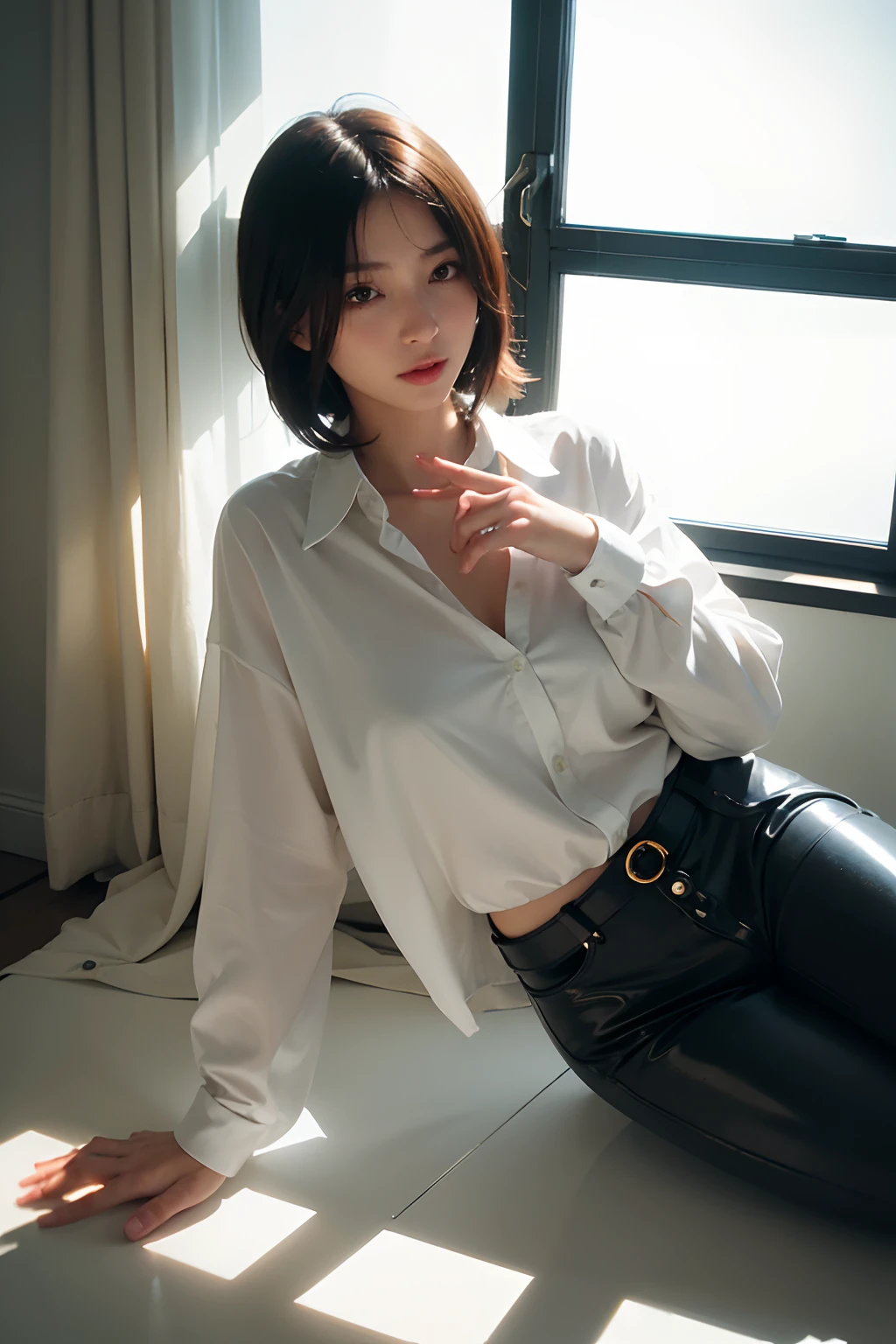 超A high resolution,masutepiece,Best Quality,
extremely delicate face,Detailed eyes,very intricate,perfect glossy shiny skins,Perfect Lighting,Detailed Lighting,Dramatic shadows,Ray tracing,
1girll,full body Esbian,white oversized button up shirt,view the viewer,Cyberpunk